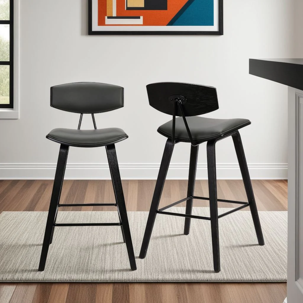 Fox 28.5" Bar Height Gray Faux Leather and Black Wood Mid-Century Modern Bar Stool - Image 7