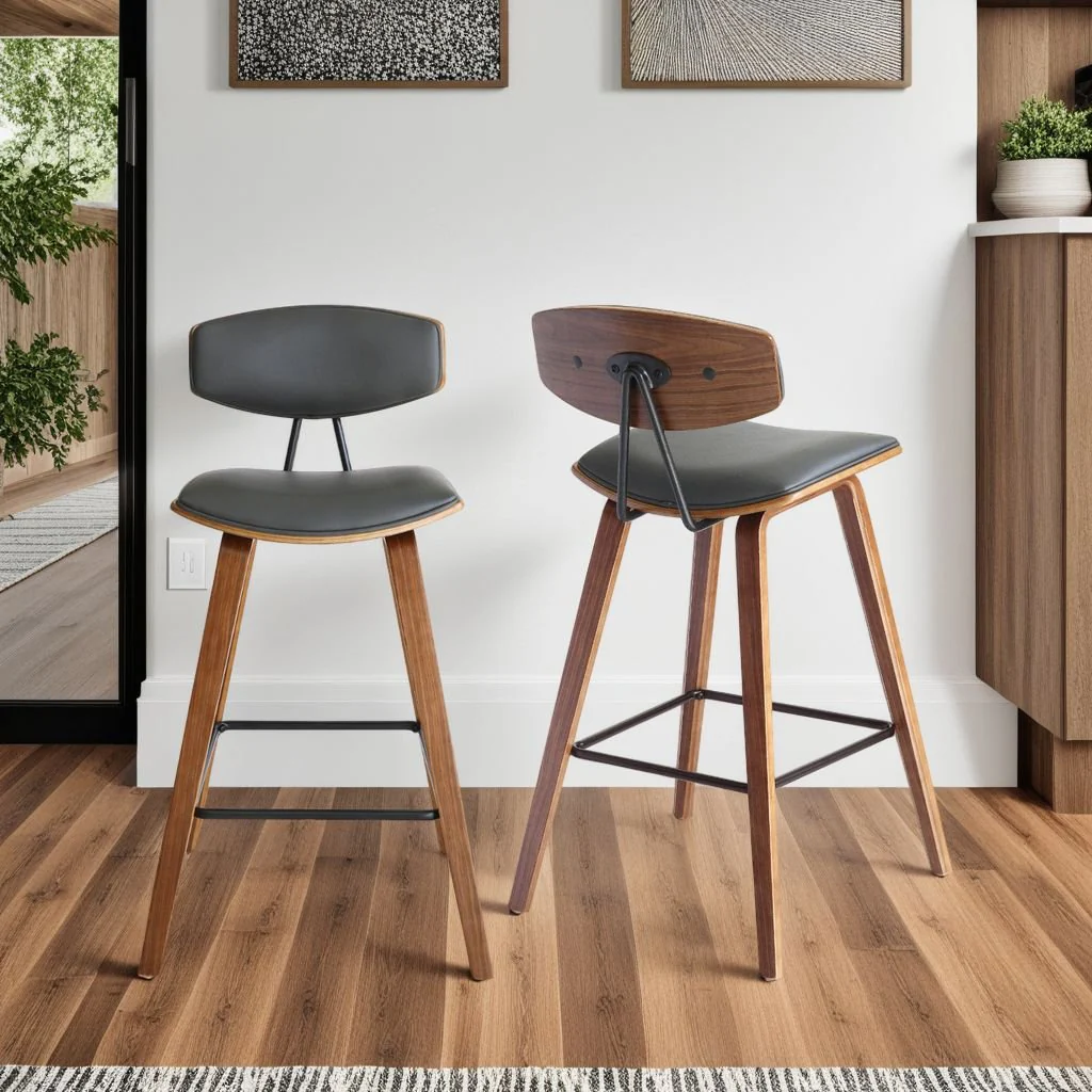 Fox 28.5" Bar Height Gray Faux Leather and Walnut Wood Mid-Century Modern Bar Stool - Image 7