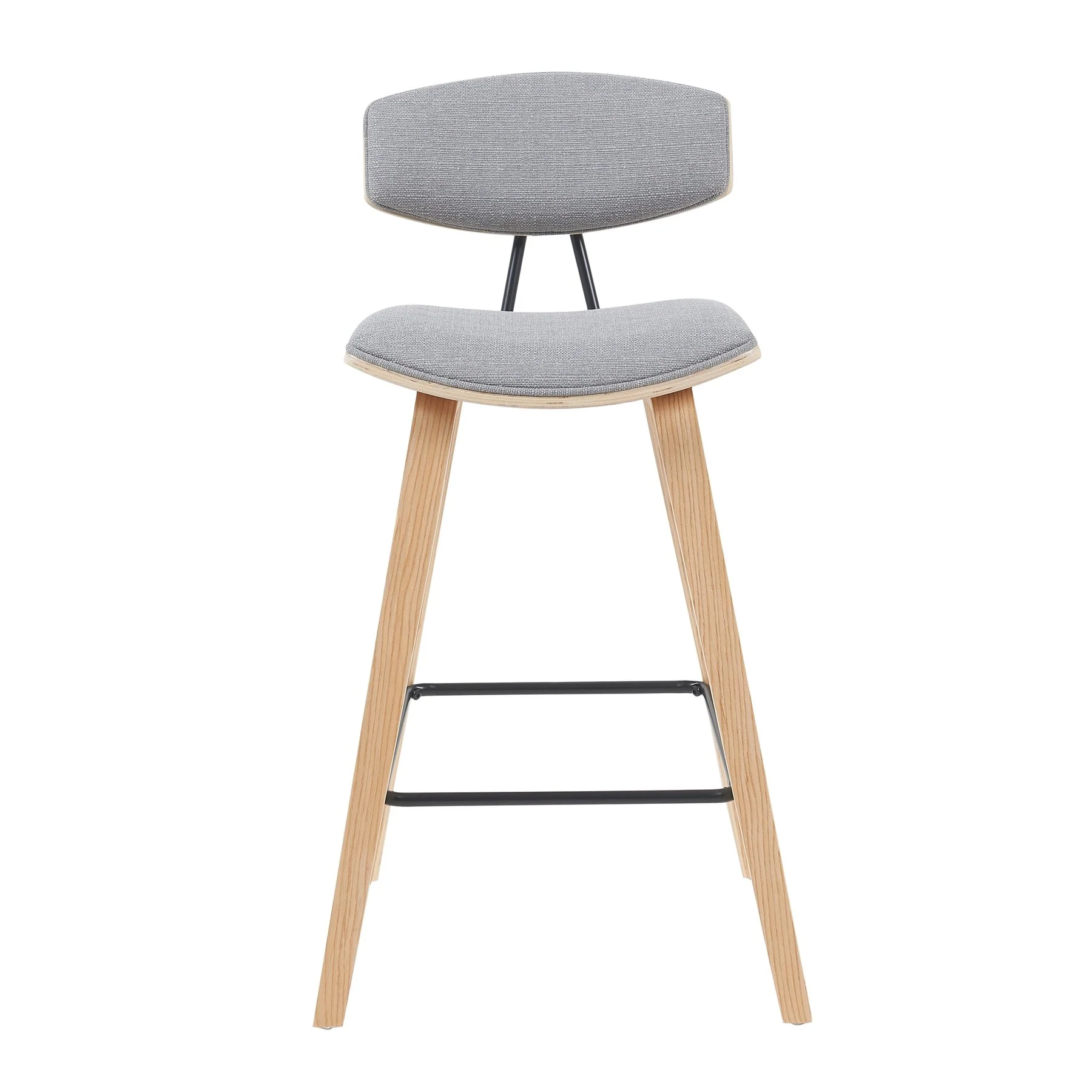Fox Modern Swivel Bar Height Stool with Grey Upholstered Seat and Patterned Oak Wood Frame - Image 2