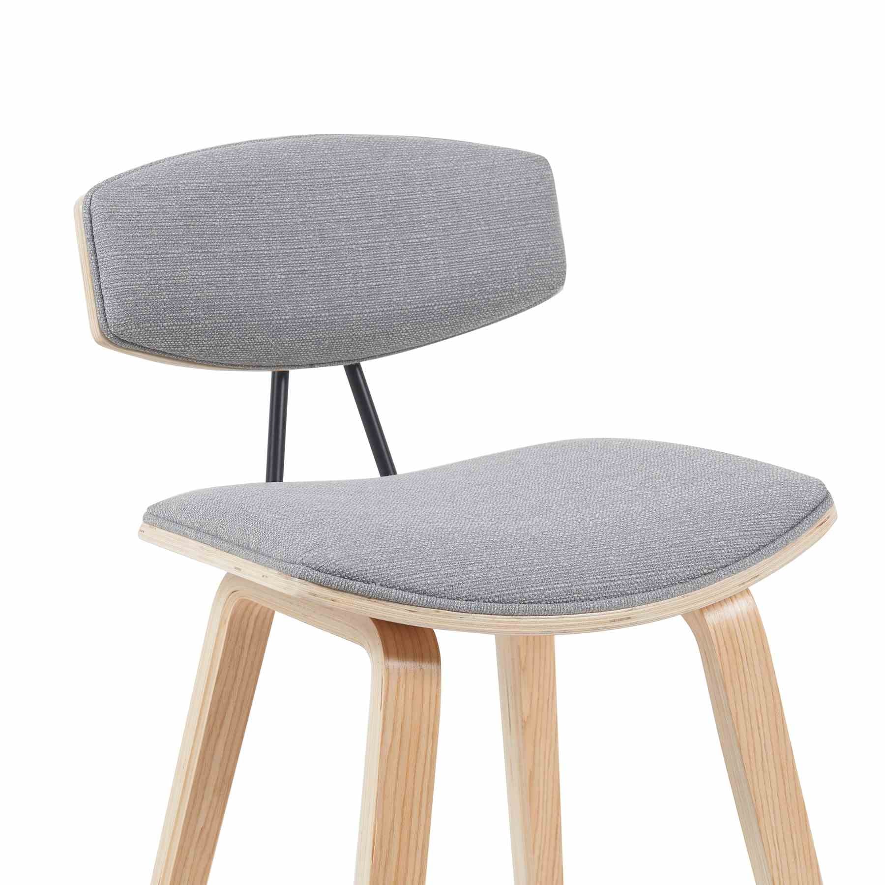 Fox Modern Swivel Bar Height Stool with Grey Upholstered Seat and Patterned Oak Wood Frame - Image 4