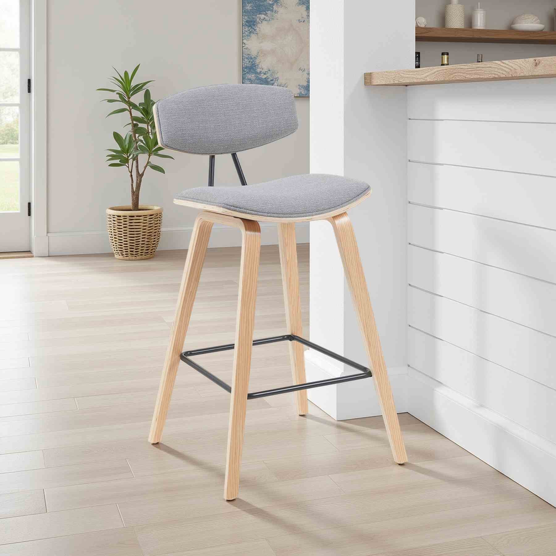 Fox Modern Swivel Bar Height Stool with Grey Upholstered Seat and Patterned Oak Wood Frame - Image 7