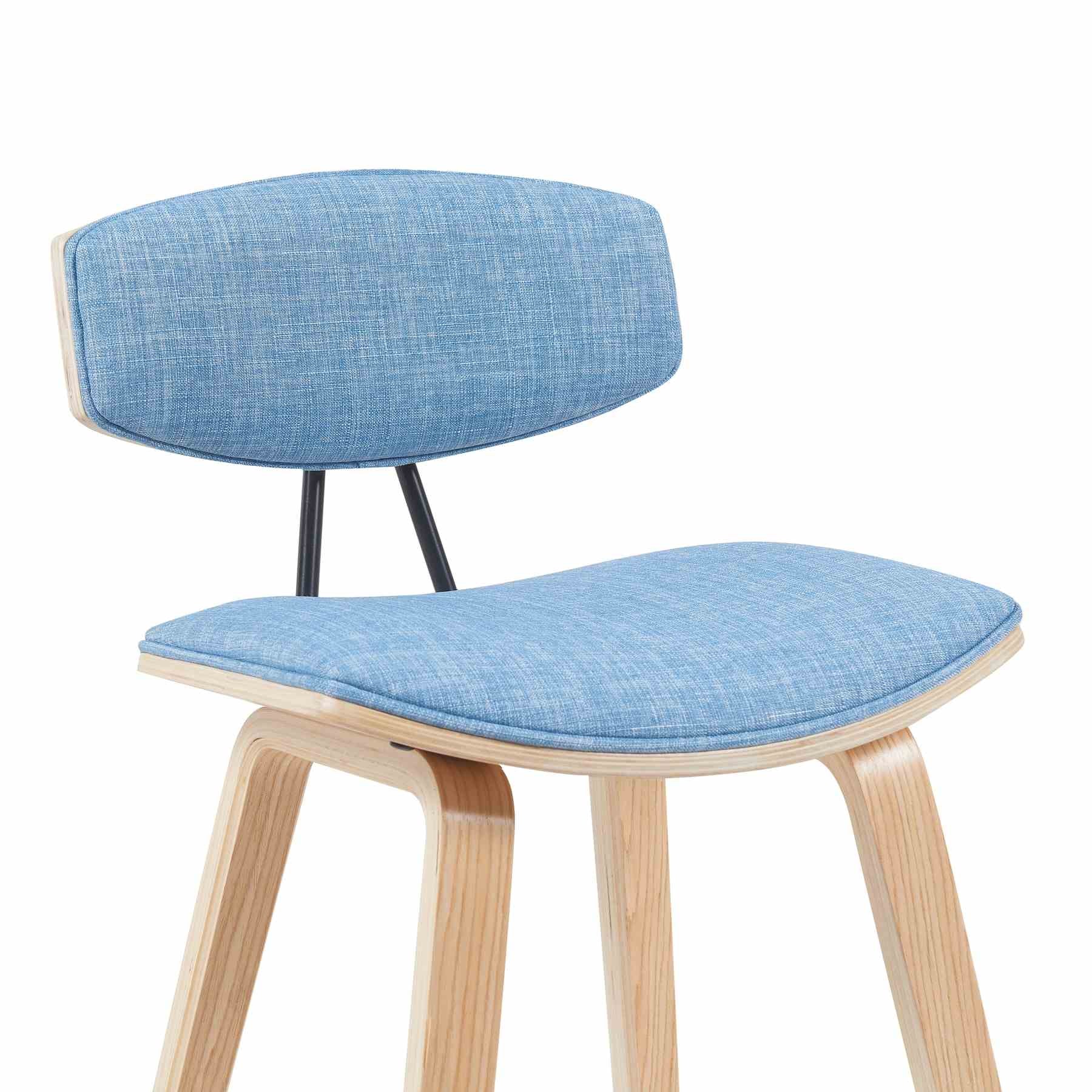 Fox Modern Swivel Bar Height Stool with Light Blue Upholstered Seat and Patterned Oak Wood Frame - Image 4