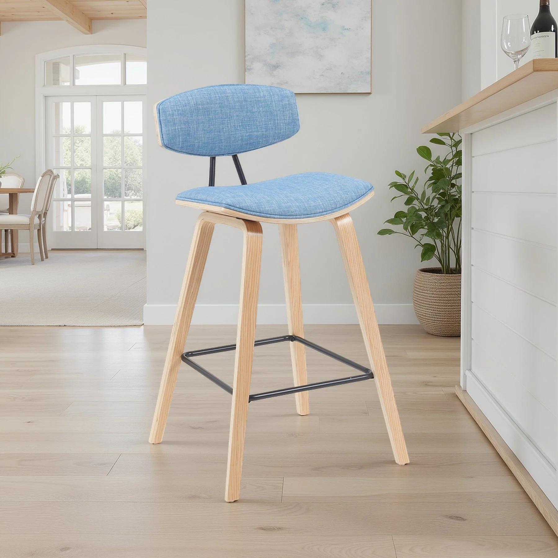 Fox Modern Swivel Bar Height Stool with Light Blue Upholstered Seat and Patterned Oak Wood Frame - Image 7