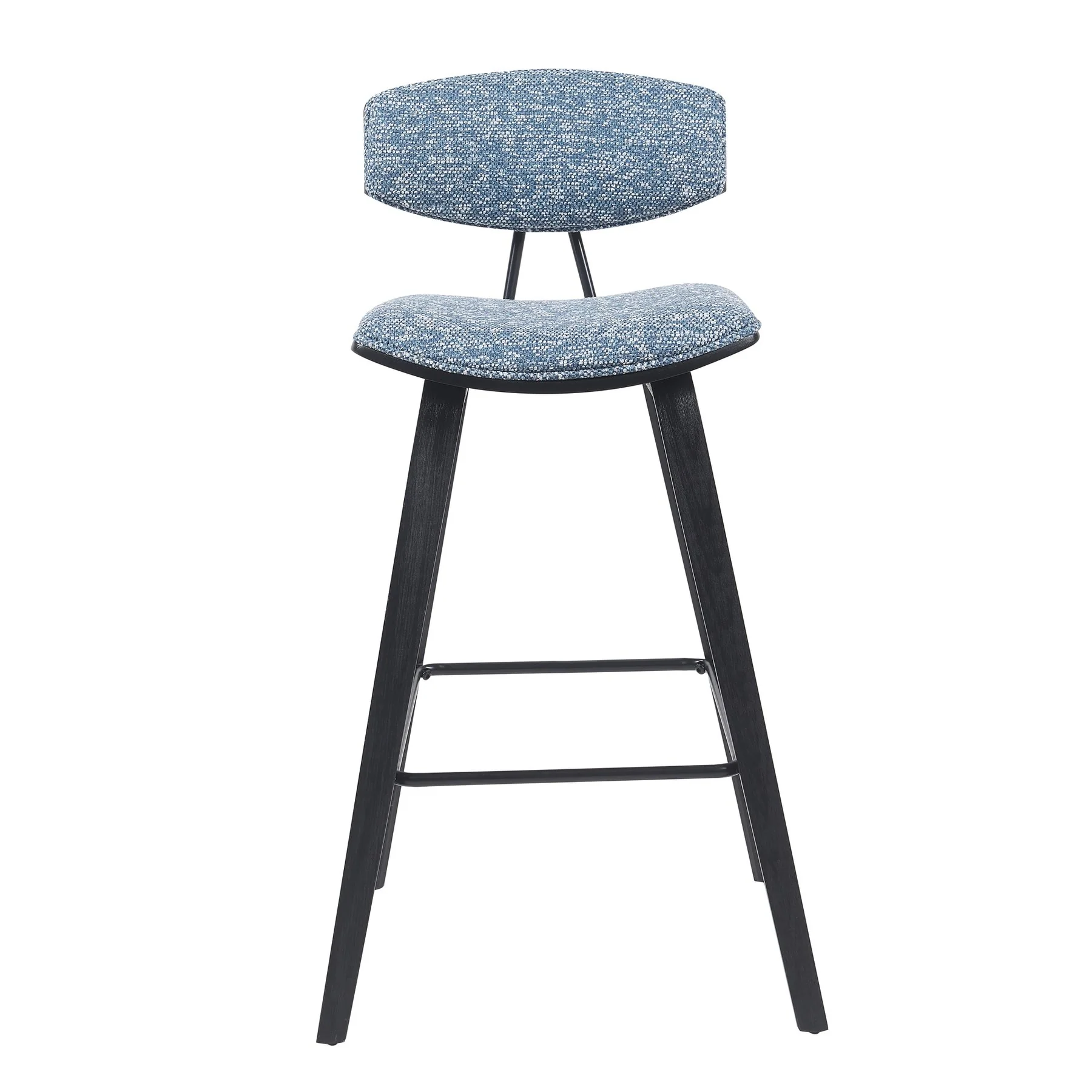 Fox Modern Swivel Bar Height Stool with Speckled Blue Upholstered Seat and Black Brushed Wood Frame - Image 2