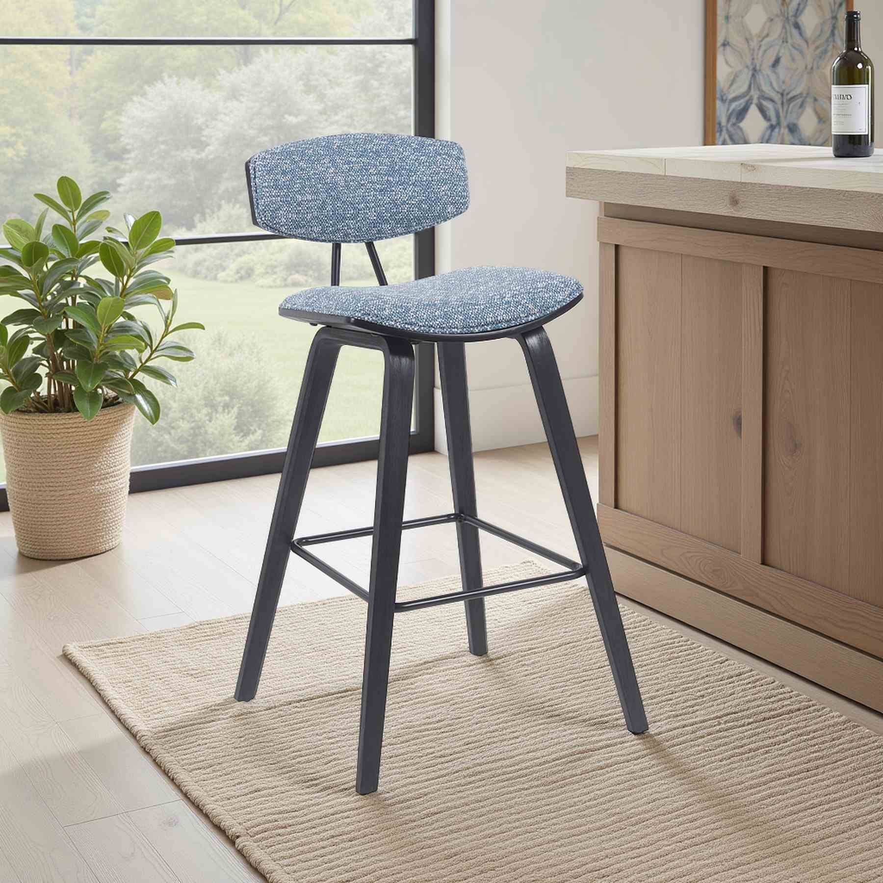 Fox Modern Swivel Bar Height Stool with Speckled Blue Upholstered Seat and Black Brushed Wood Frame - Image 7