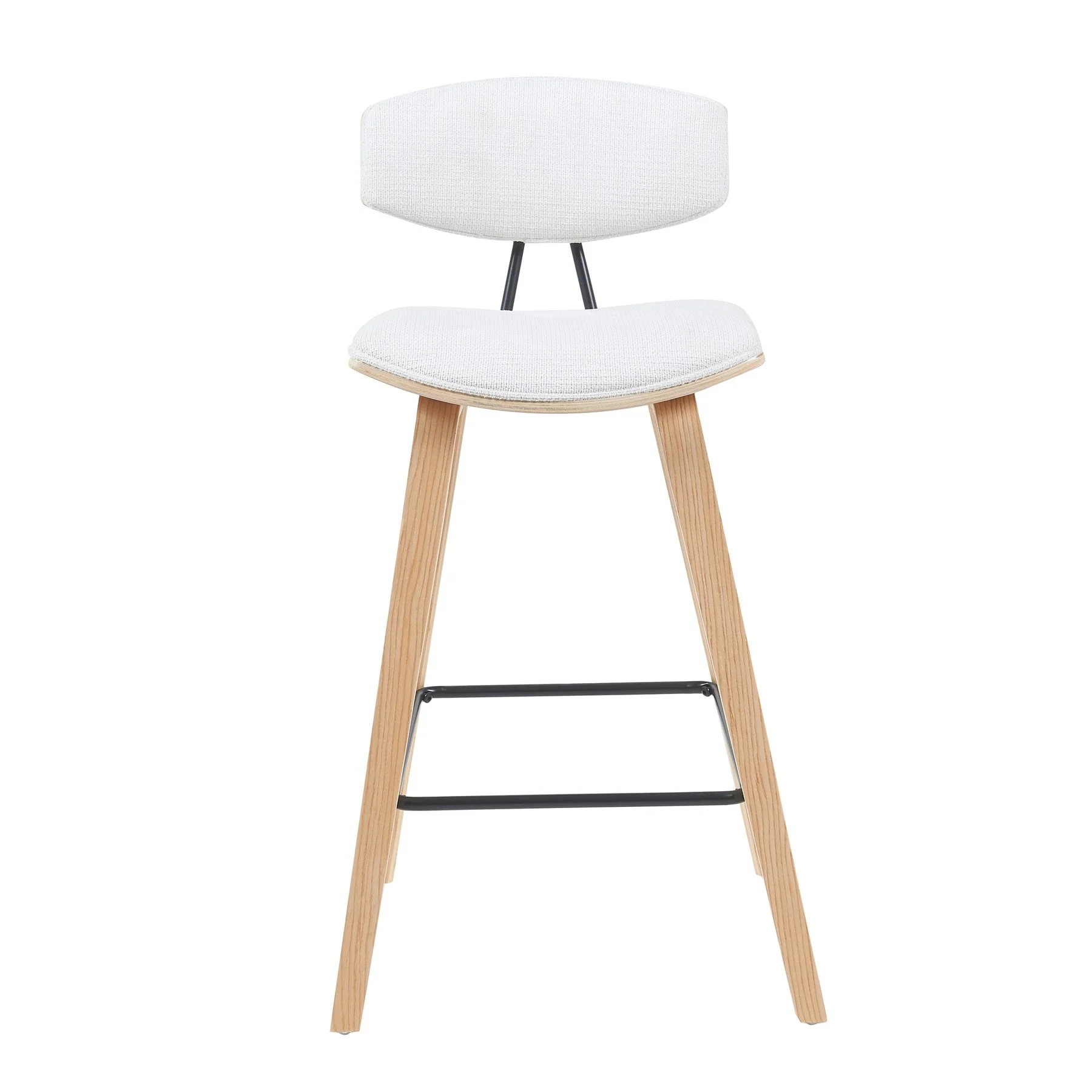 Fox Modern Swivel Bar Height Stool with White Upholstered Seat and Patterned Oak Wood Frame - Image 2