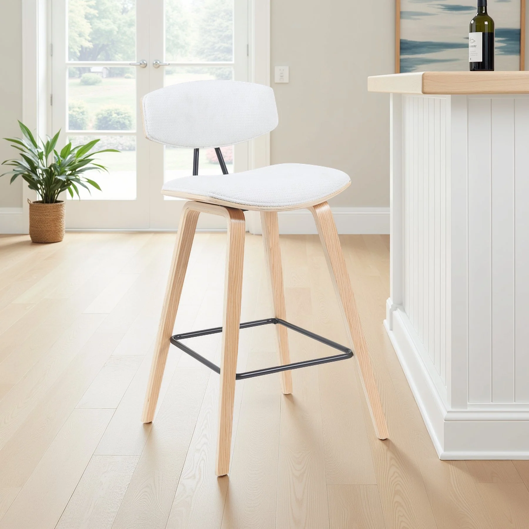 Fox Modern Swivel Bar Height Stool with White Upholstered Seat and Patterned Oak Wood Frame - Image 7
