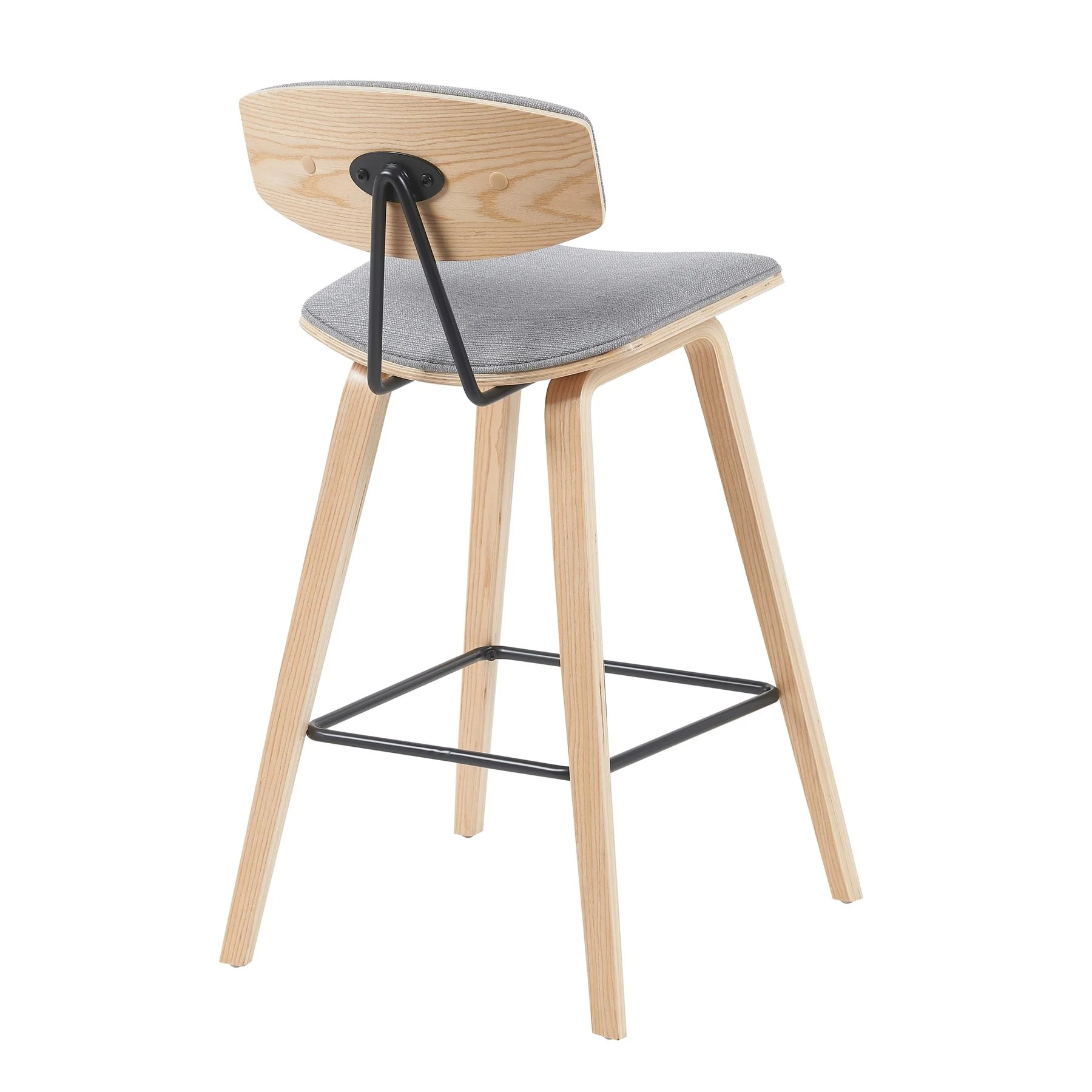 Fox Modern Swivel Counter Height Bar Stool with Grey Upholstered Seat and Patterned Oak Wood Frame - Image 3