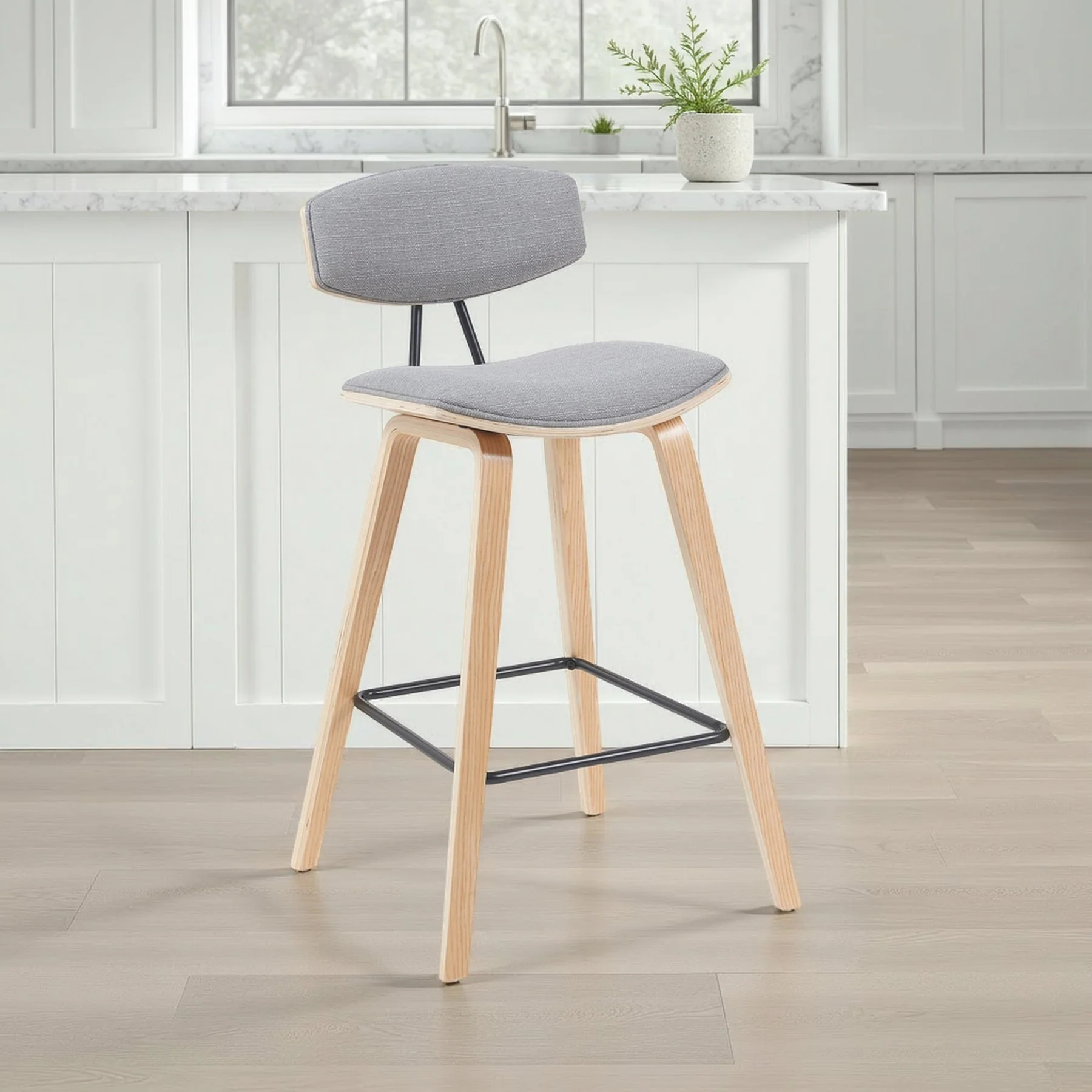 Fox Modern Swivel Counter Height Bar Stool with Grey Upholstered Seat and Patterned Oak Wood Frame - Image 7