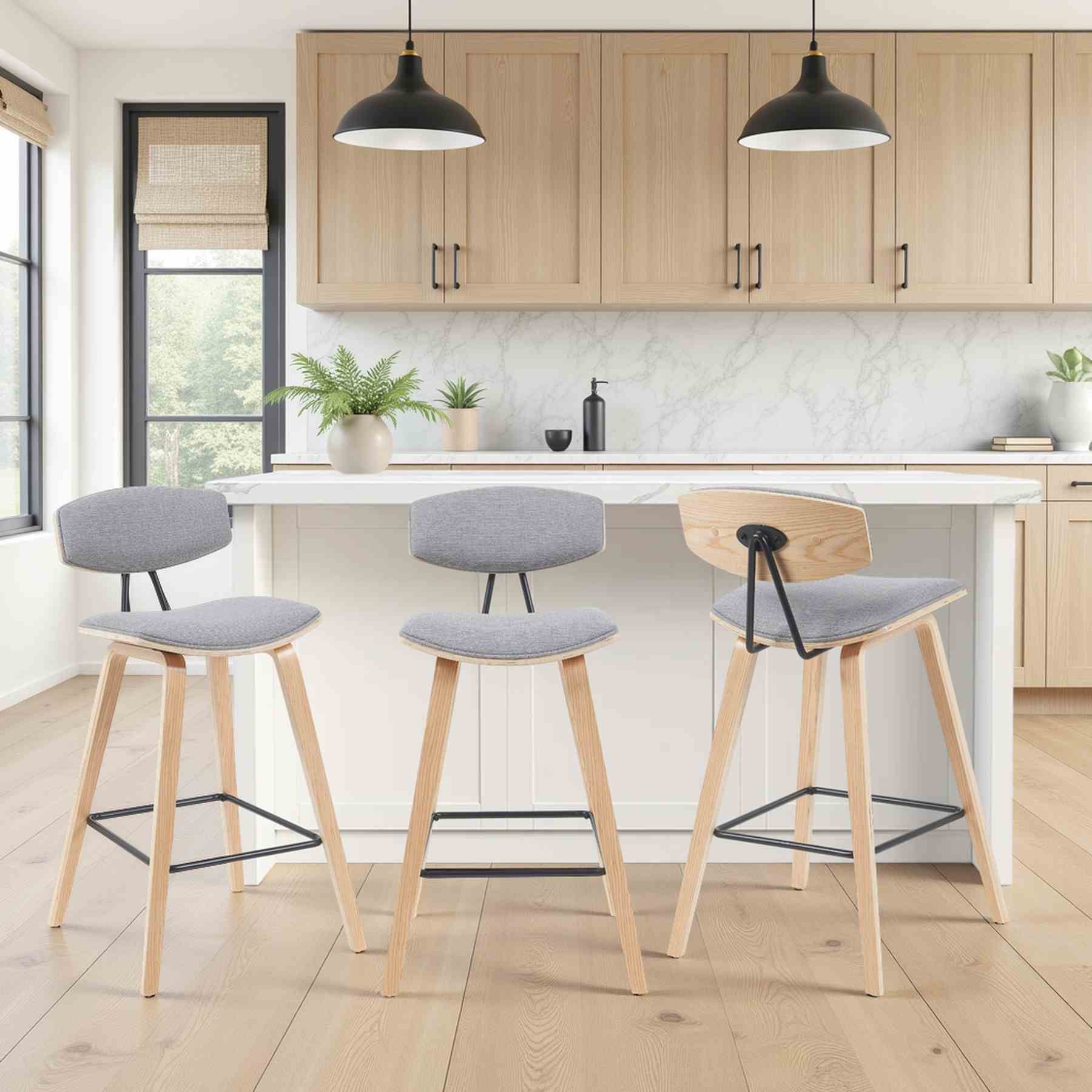 Fox Modern Swivel Counter Height Bar Stool with Grey Upholstered Seat and Patterned Oak Wood Frame - Image 8
