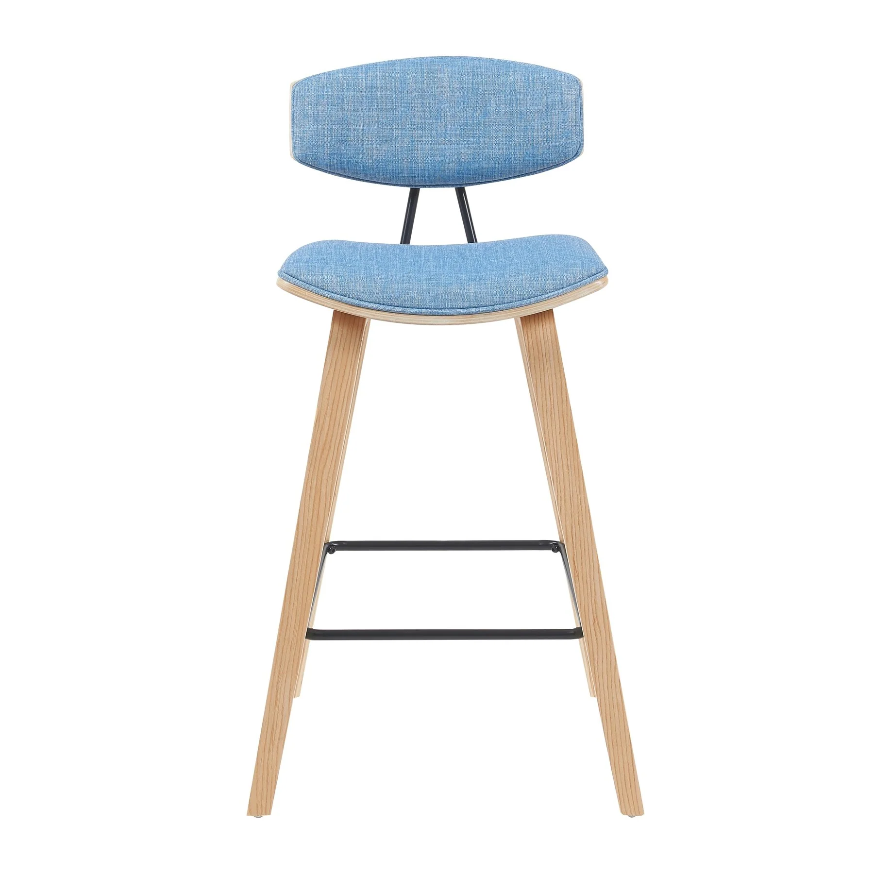 Fox Modern Swivel Counter Height Bar Stool with Light Blue Upholstered Seat and Patterned Oak Wood Frame - Image 2