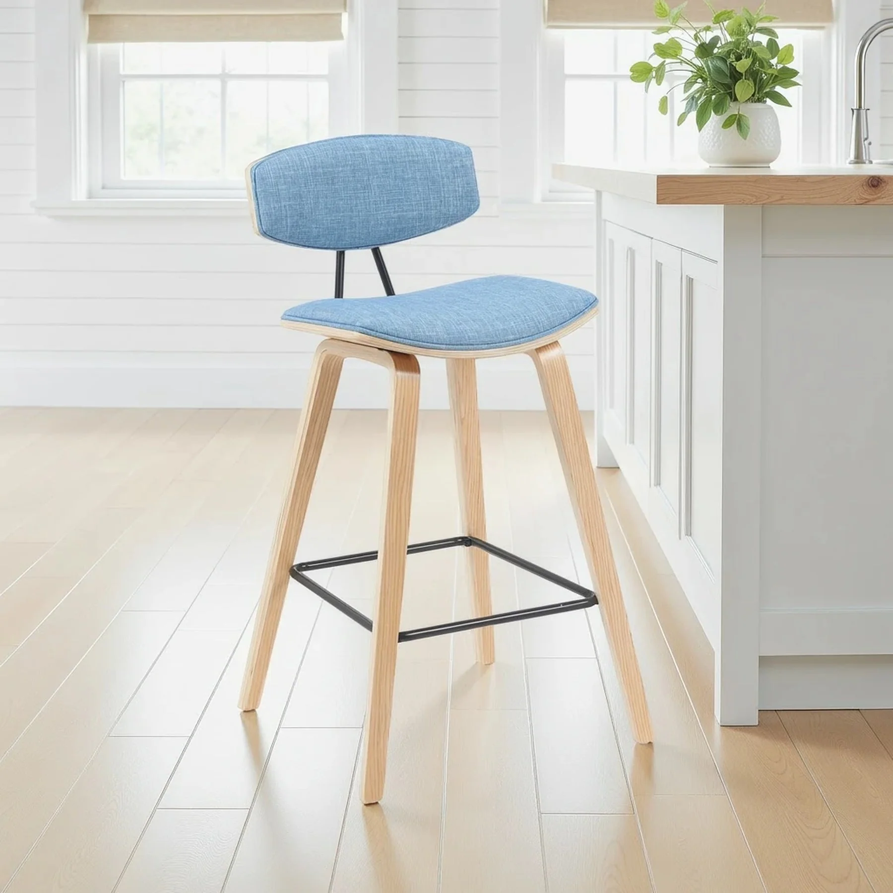 Fox Modern Swivel Counter Height Bar Stool with Light Blue Upholstered Seat and Patterned Oak Wood Frame - Image 7