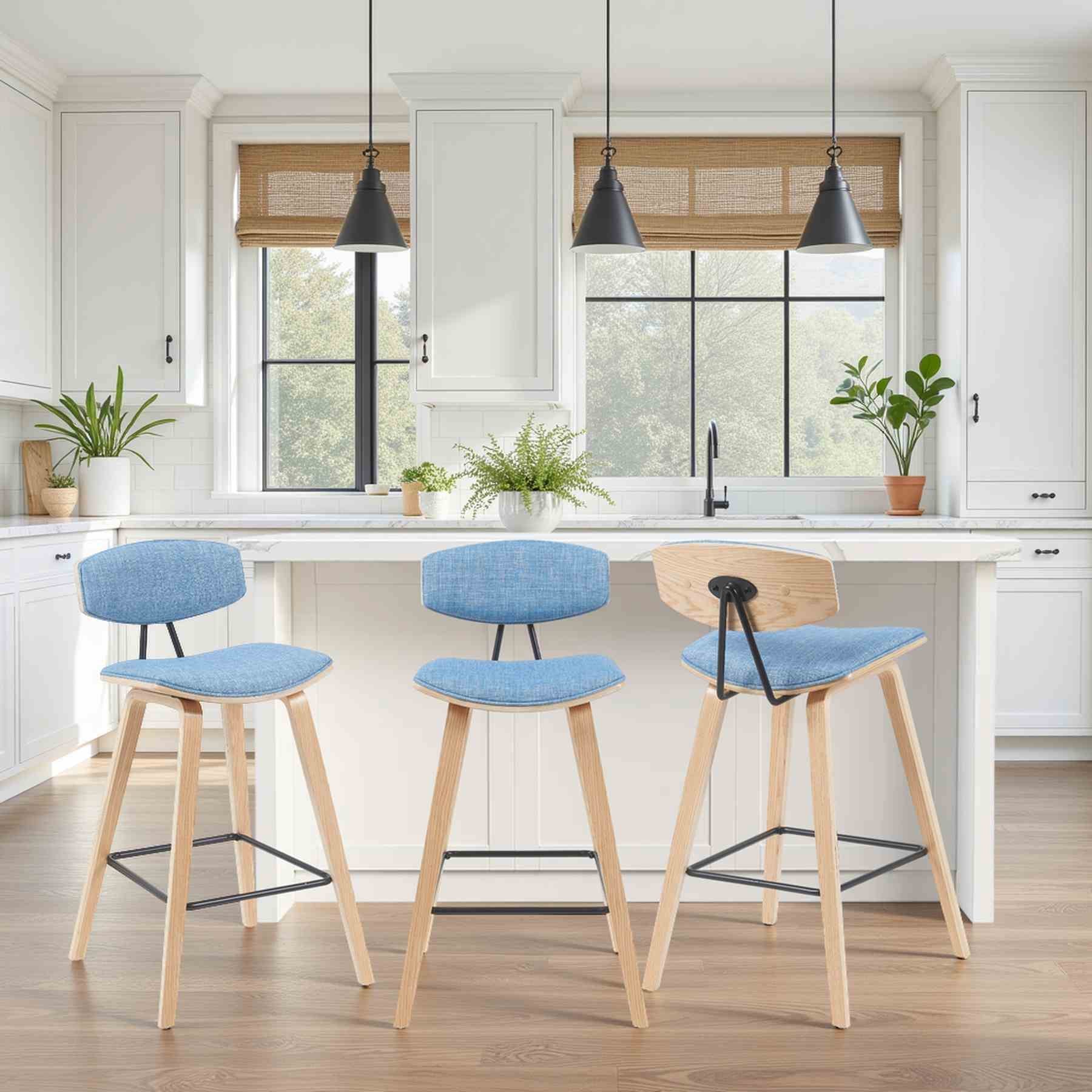 Fox Modern Swivel Counter Height Bar Stool with Light Blue Upholstered Seat and Patterned Oak Wood Frame - Image 8