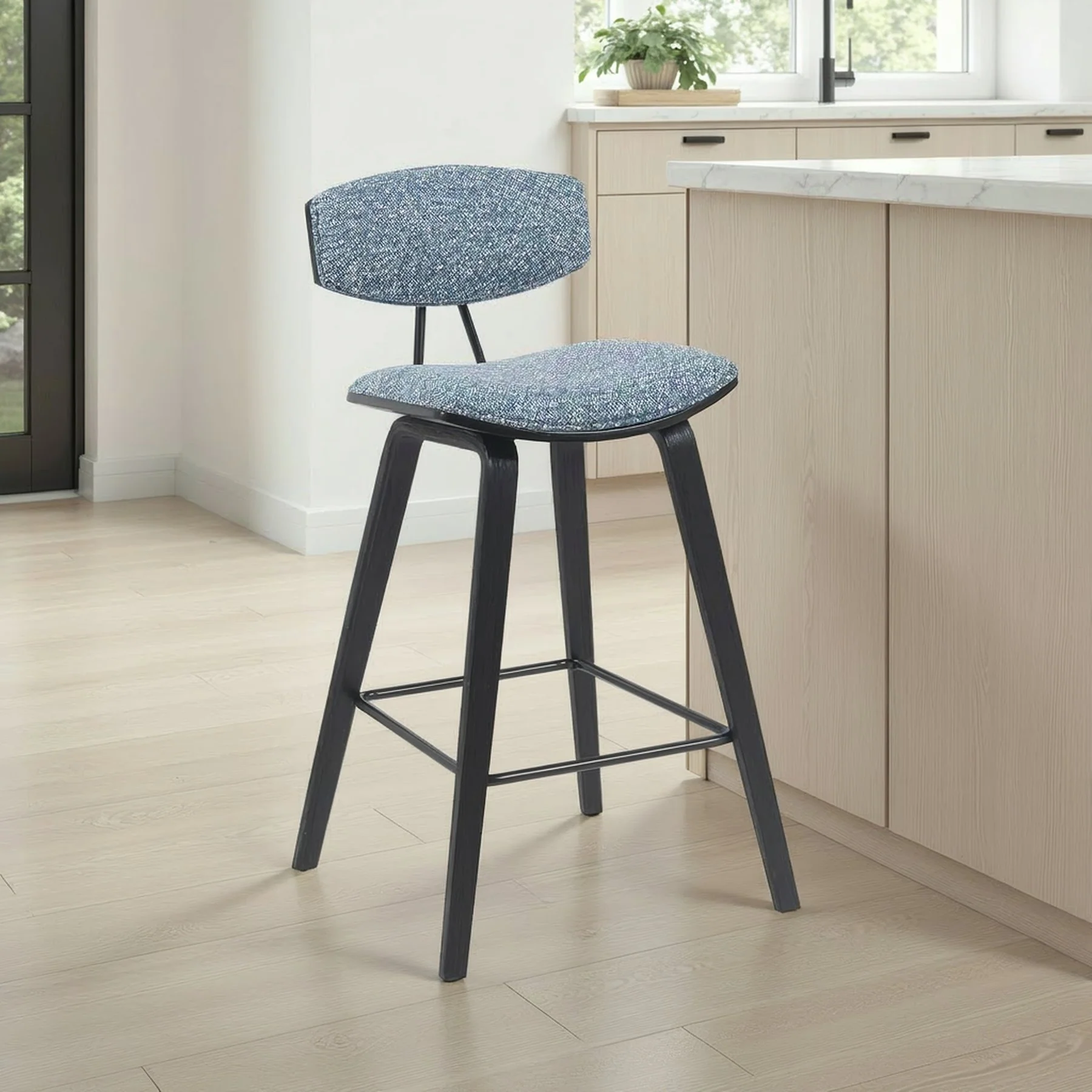 Fox Modern Swivel Counter Height Bar Stool with Speckled Blue Upholstered Seat and Black Brushed Wood Frame - Image 7