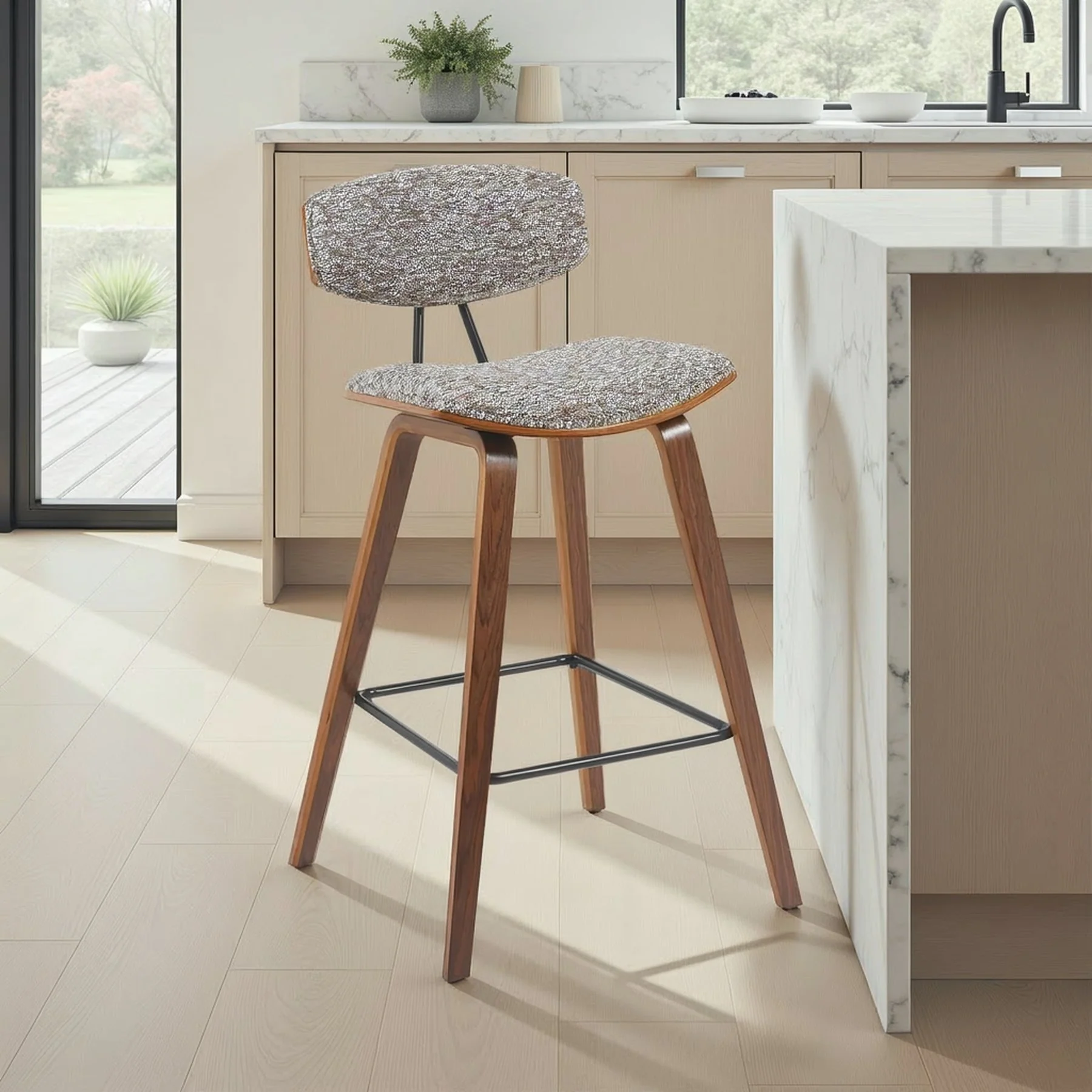 Fox Modern Swivel Counter Height Bar Stool with Speckled Brown Upholstered Seat and Walnut Wood Frame - Image 7