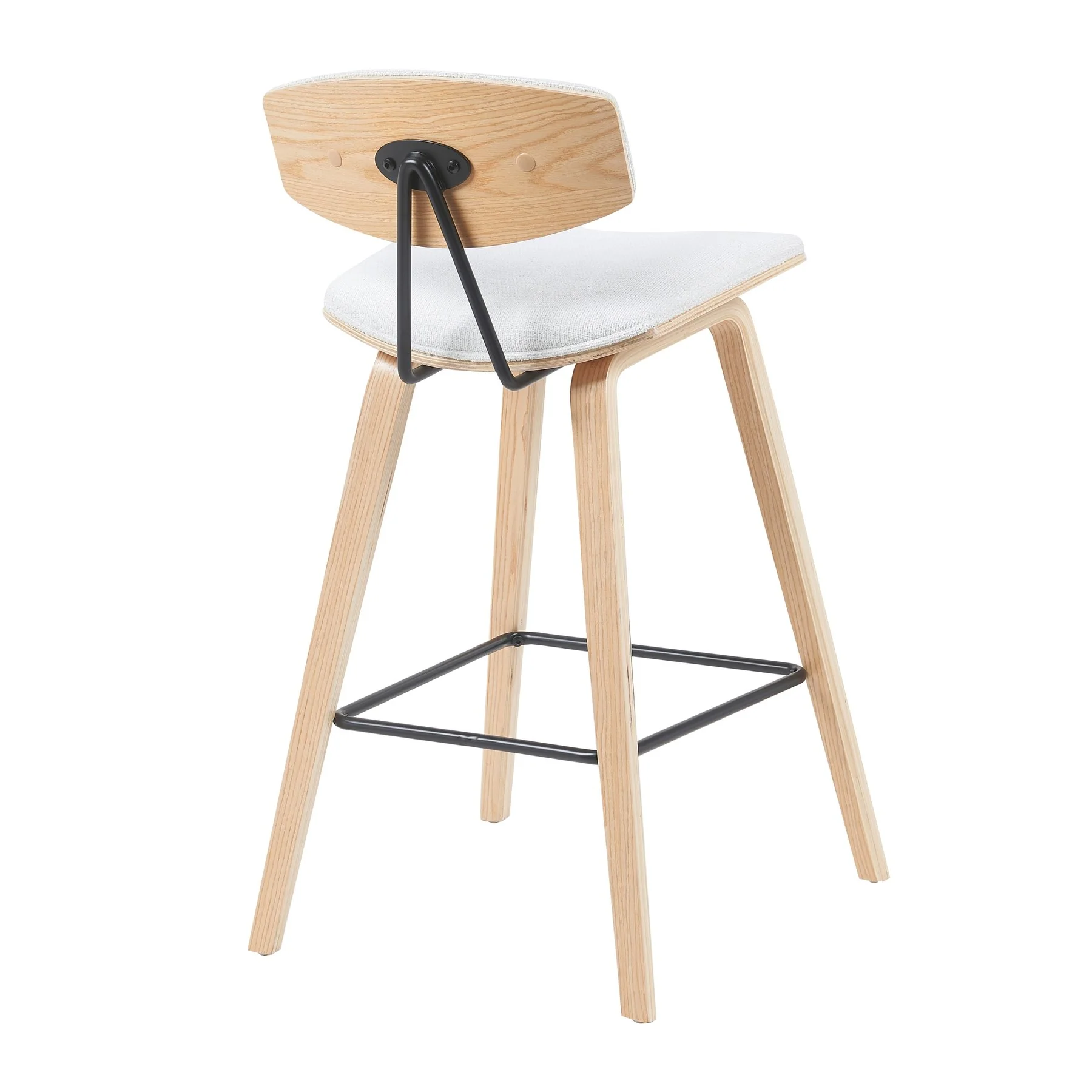 Fox Modern Swivel Counter Height Bar Stool with White Upholstered Seat and Patterned Oak Wood Frame - Image 3