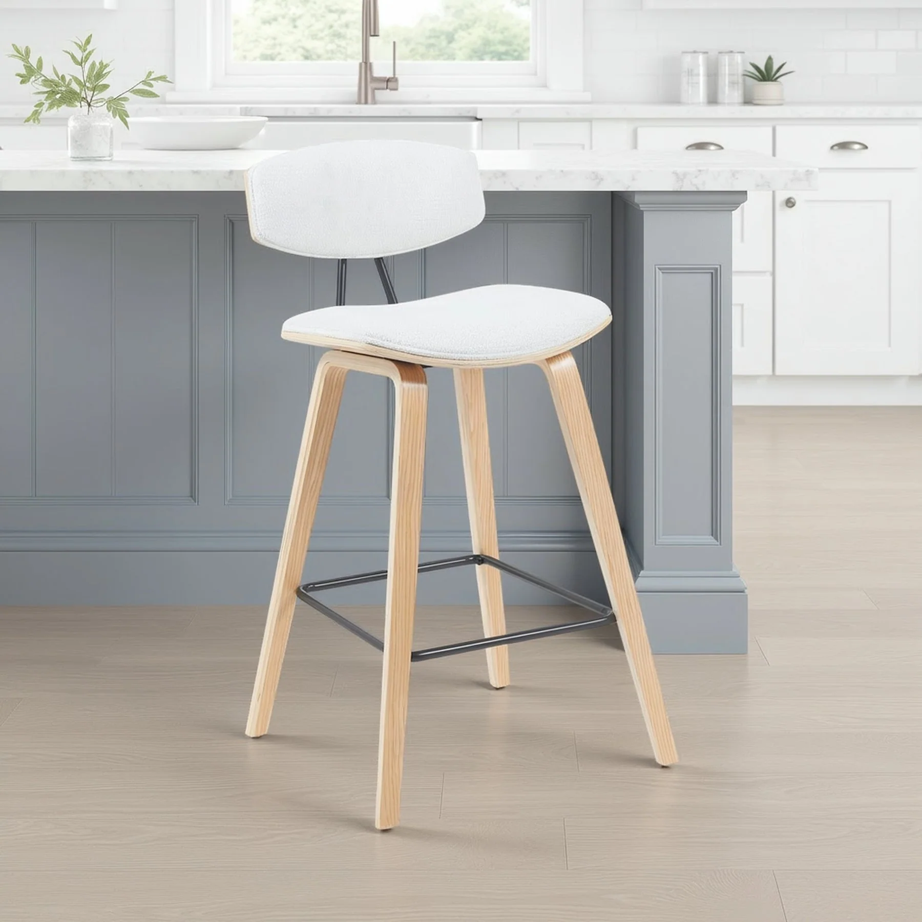 Fox Modern Swivel Counter Height Bar Stool with White Upholstered Seat and Patterned Oak Wood Frame - Image 7