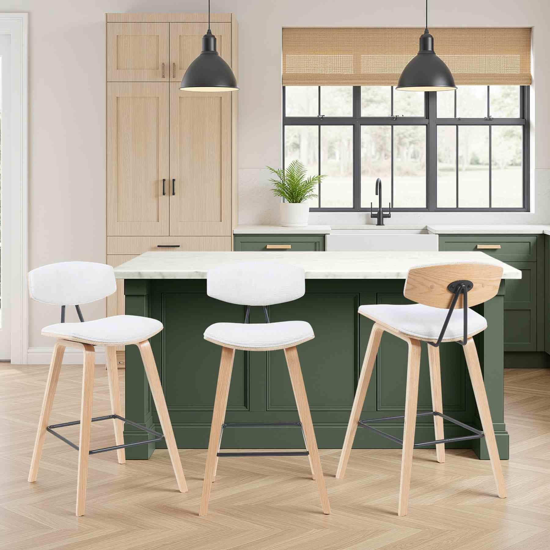 Fox Modern Swivel Counter Height Bar Stool with White Upholstered Seat and Patterned Oak Wood Frame - Image 8