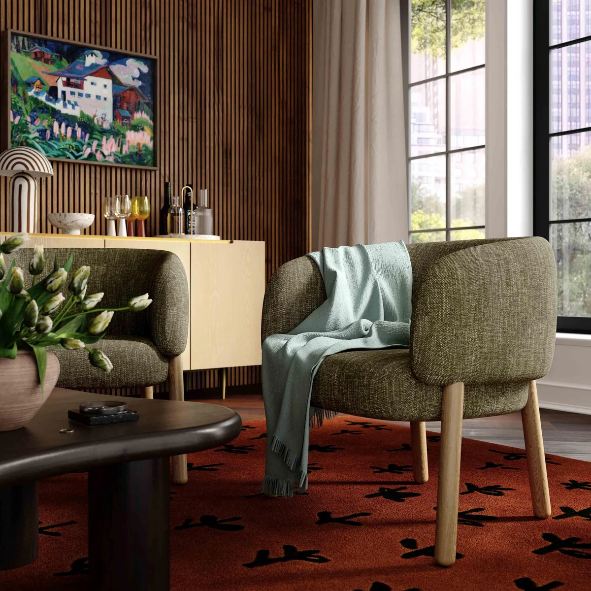 Foxy Olive Green Textured Performance  Fabric Accent Chair - Image 2