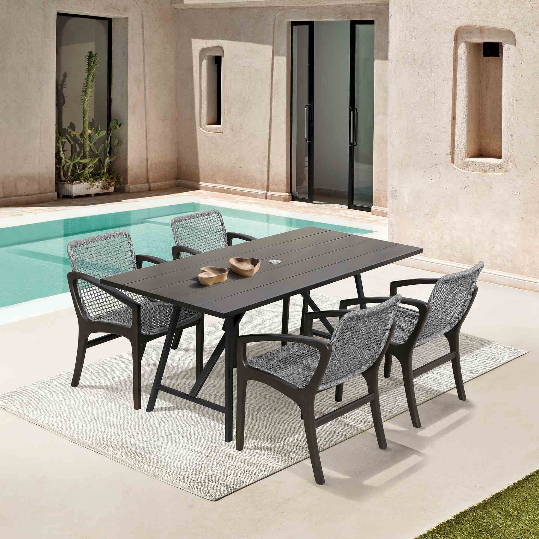 Frinton and Beckham 5 Piece Outdoor Patio Dining Set in Dark Eucalyptus Wood and Gray Rope - Image 12