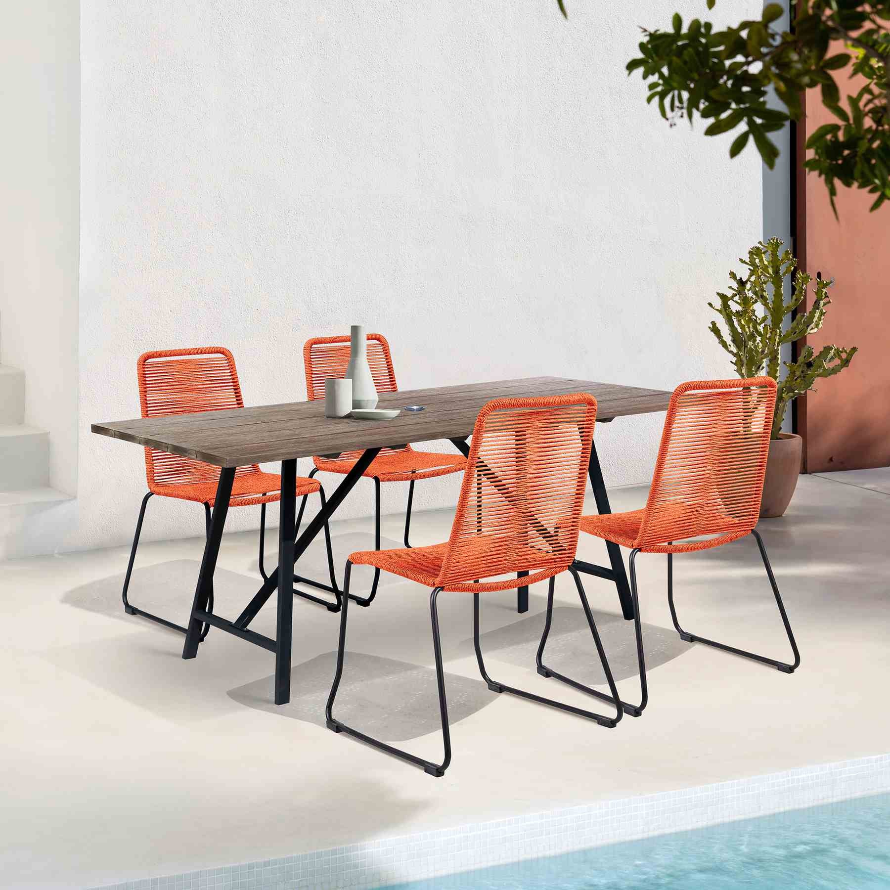 Frinton and Shasta 5 Piece Outdoor Patio Dining Set in Light Eucalyptus Wood and Tangerine Rope - Image 12