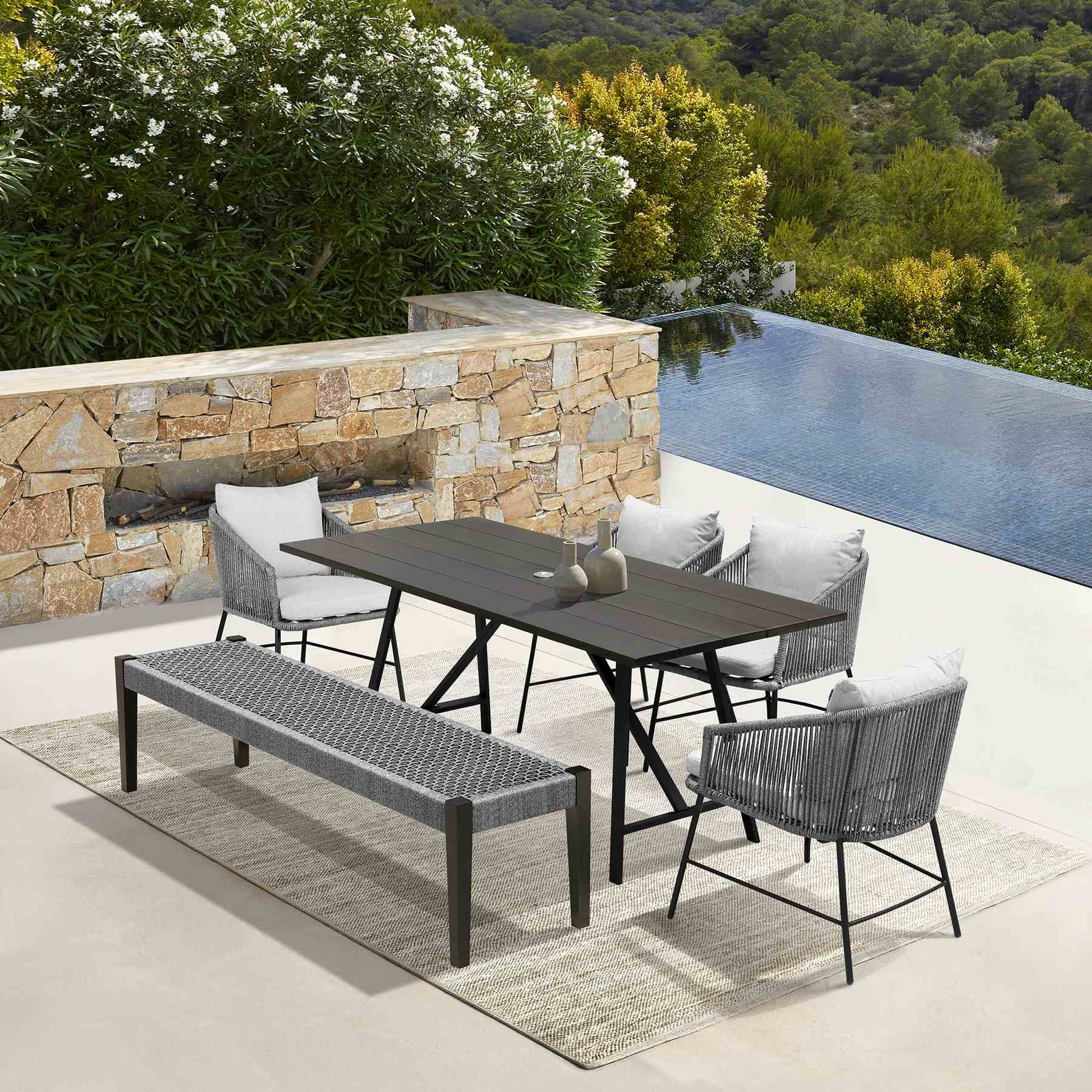 Frinton Ditas and Rhett 6 Piece Outdoor Dining Set with Dark Eucalyptus Wood and Gray Rope and Cushions - Image 14