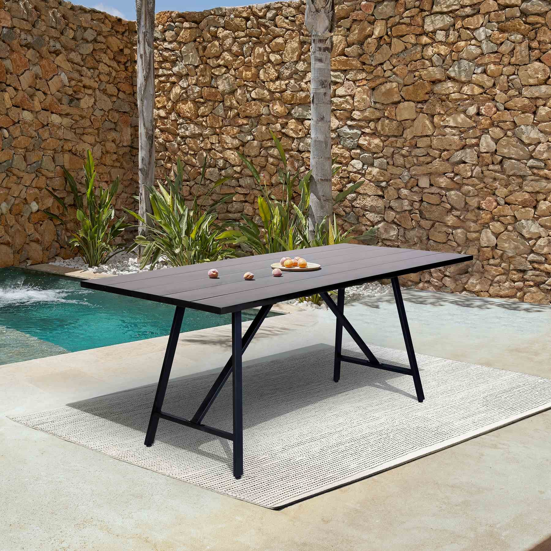 Frinton Outdoor Patio Dark Eucalyptus Wood and Metal Rectangle Dining Table - Image 8