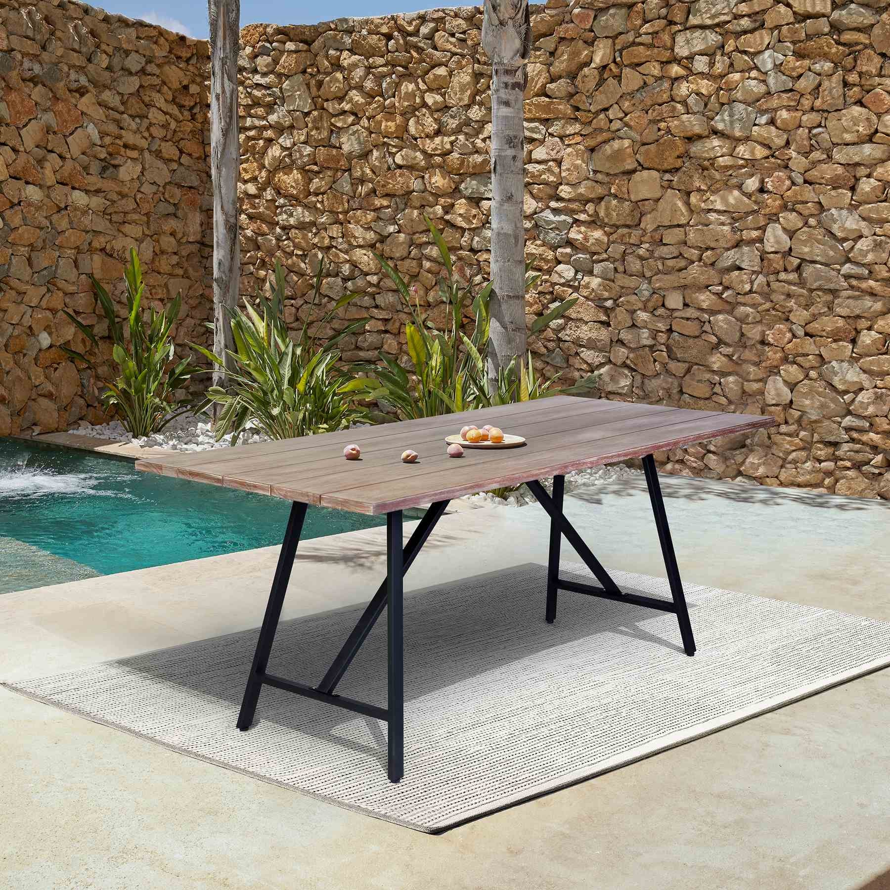 Frinton Outdoor Patio Light Eucalyptus Wood and Metal Rectangle Dining Table - Image 8