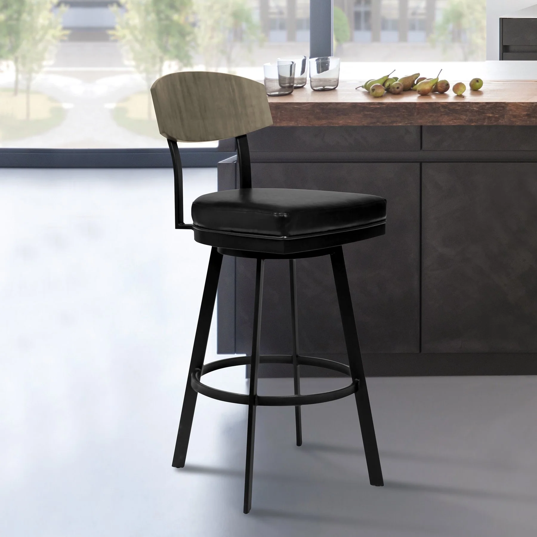 Frisco 26" Counter Height Barstool in Matte Black Finish with Black Faux Leather and Gray Walnut - Image 6