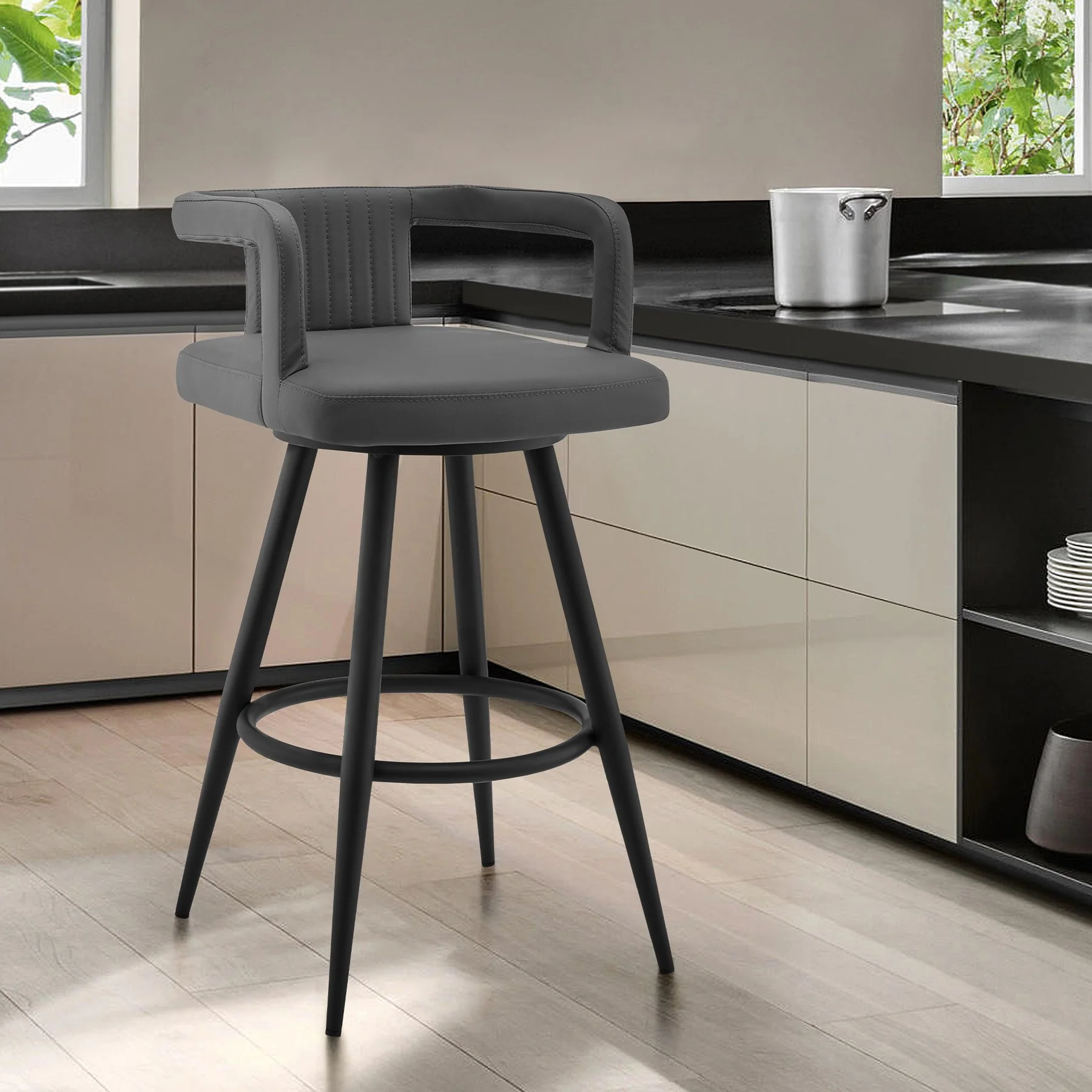 Gabriele 26" Gray Faux Leather and Black Metal Swivel Bar Stool - Image 7