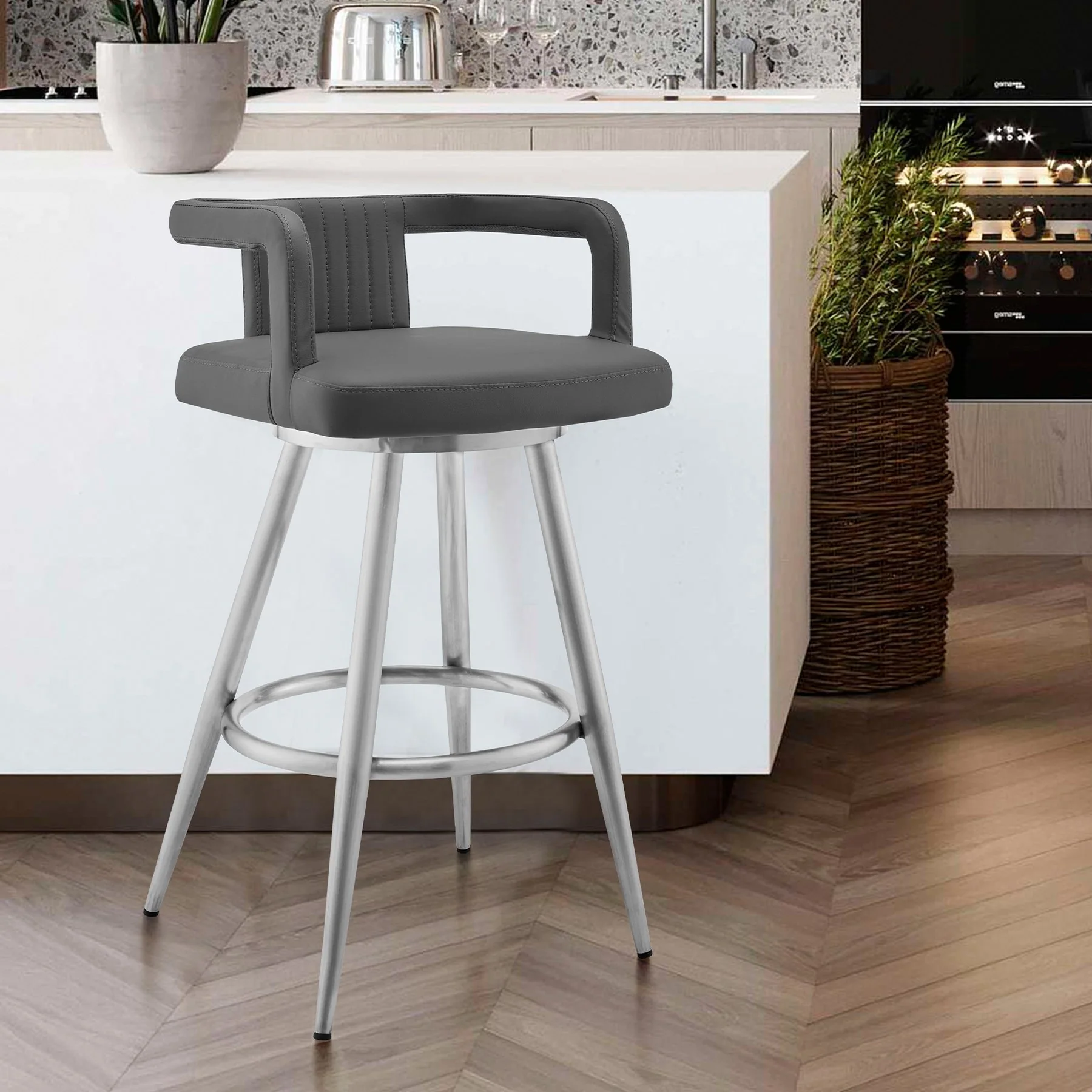 Gabriele 26" Gray Faux Leather and Brushed Stainless Steel Swivel Bar Stool - Image 8
