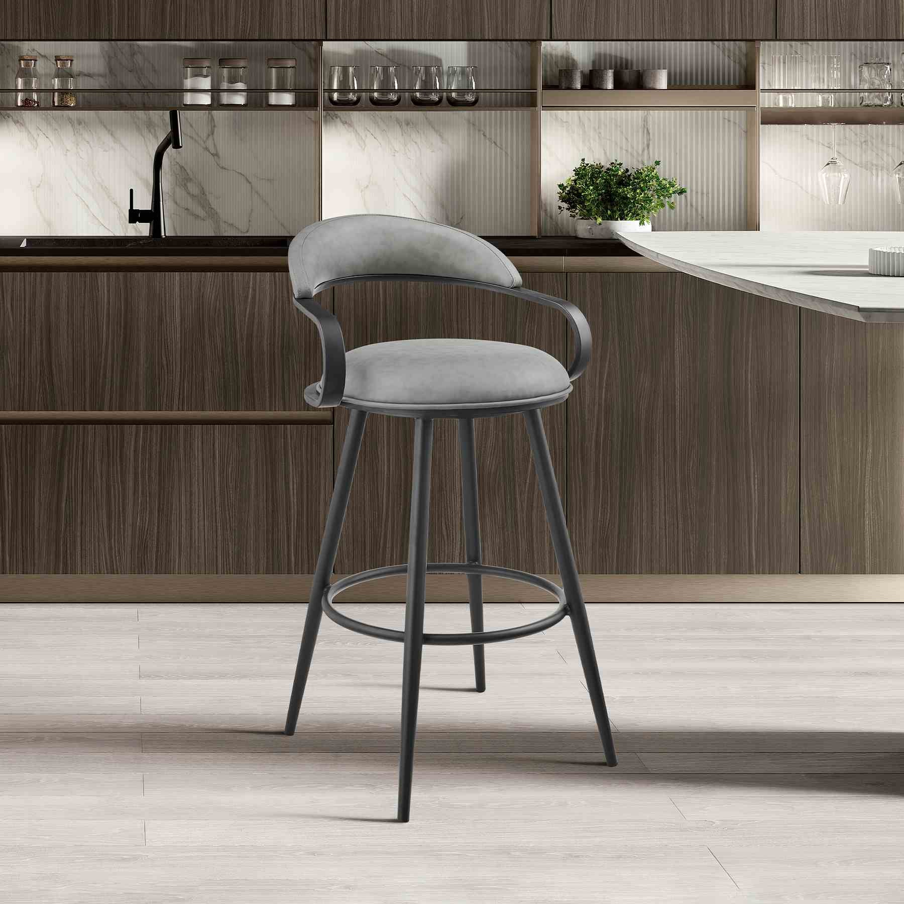 Gardenia 26" Swivel Counter Stool in Black Iron with Vintage Gray Faux Leather - Image 10