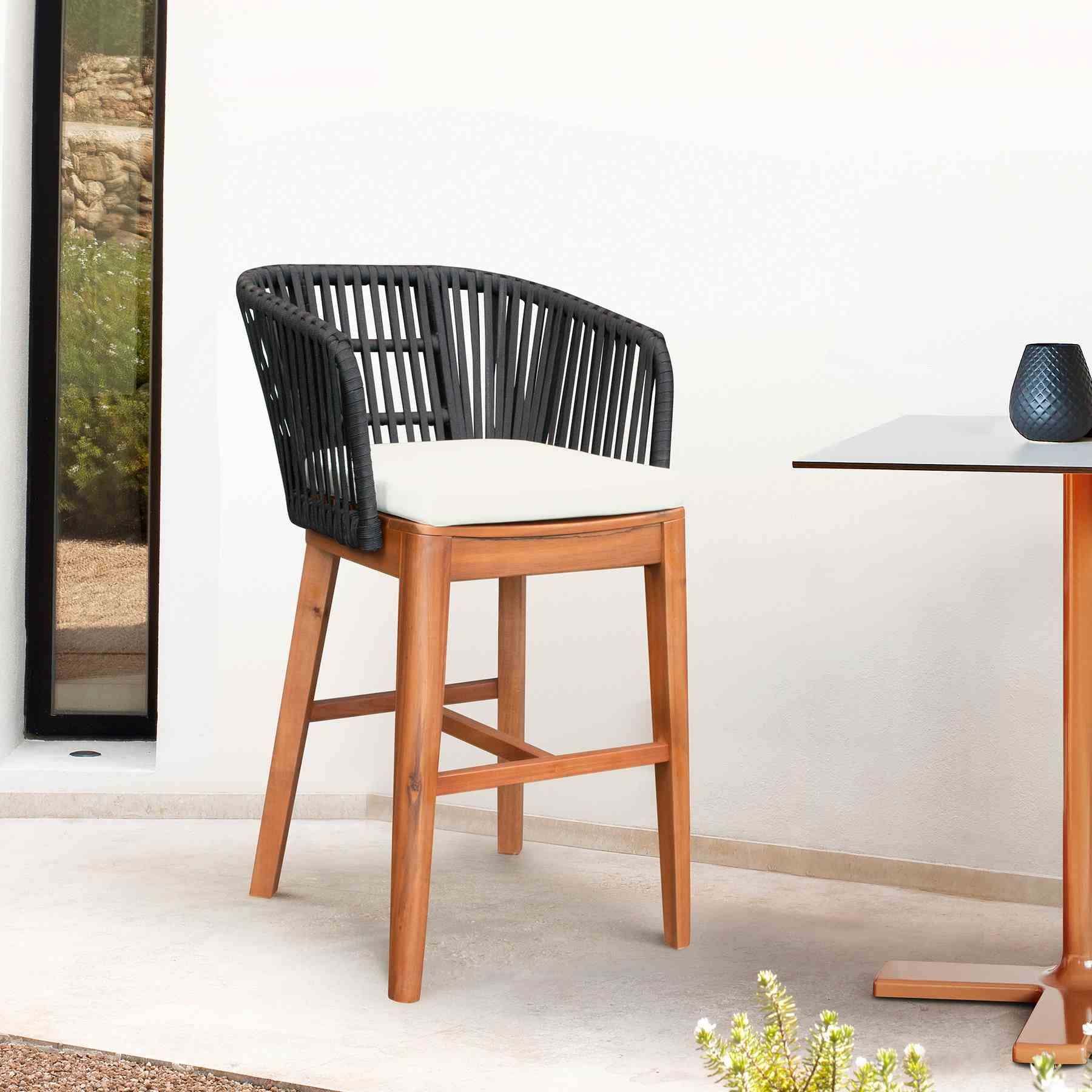 Garnet Outdoor Patio Bar Stool in Natural Acacia Wood and Black Rope - Image 12