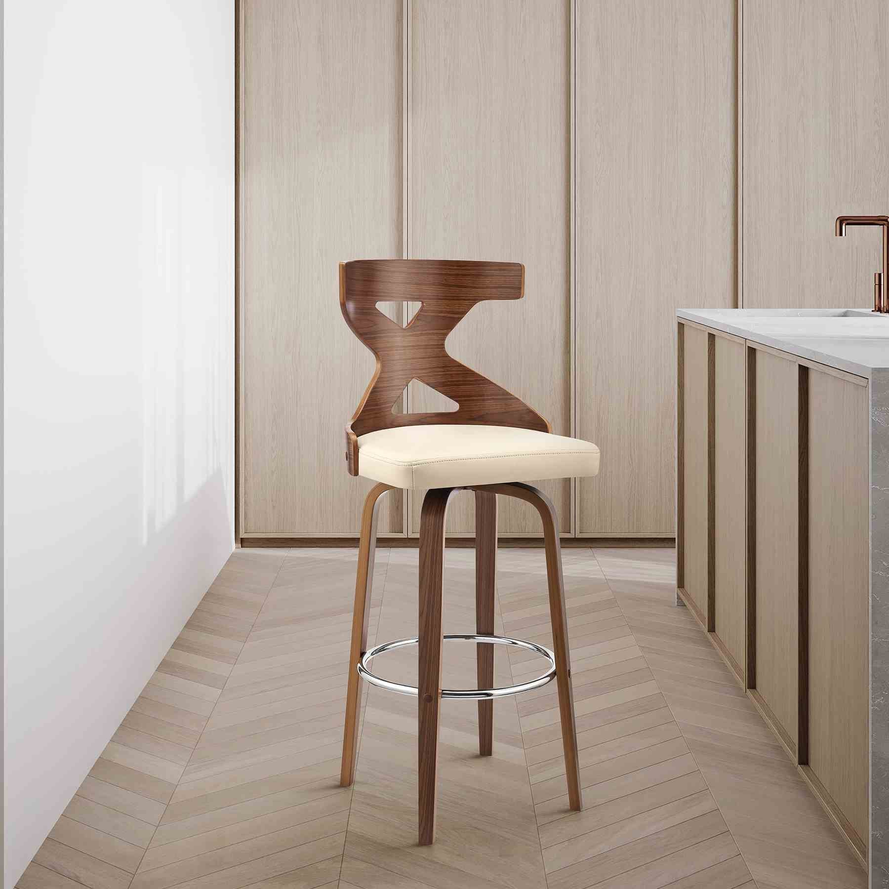 Gayle 26" Swivel Cross Back Cream Faux Leather and Walnut Wood Bar Stool - Image 9