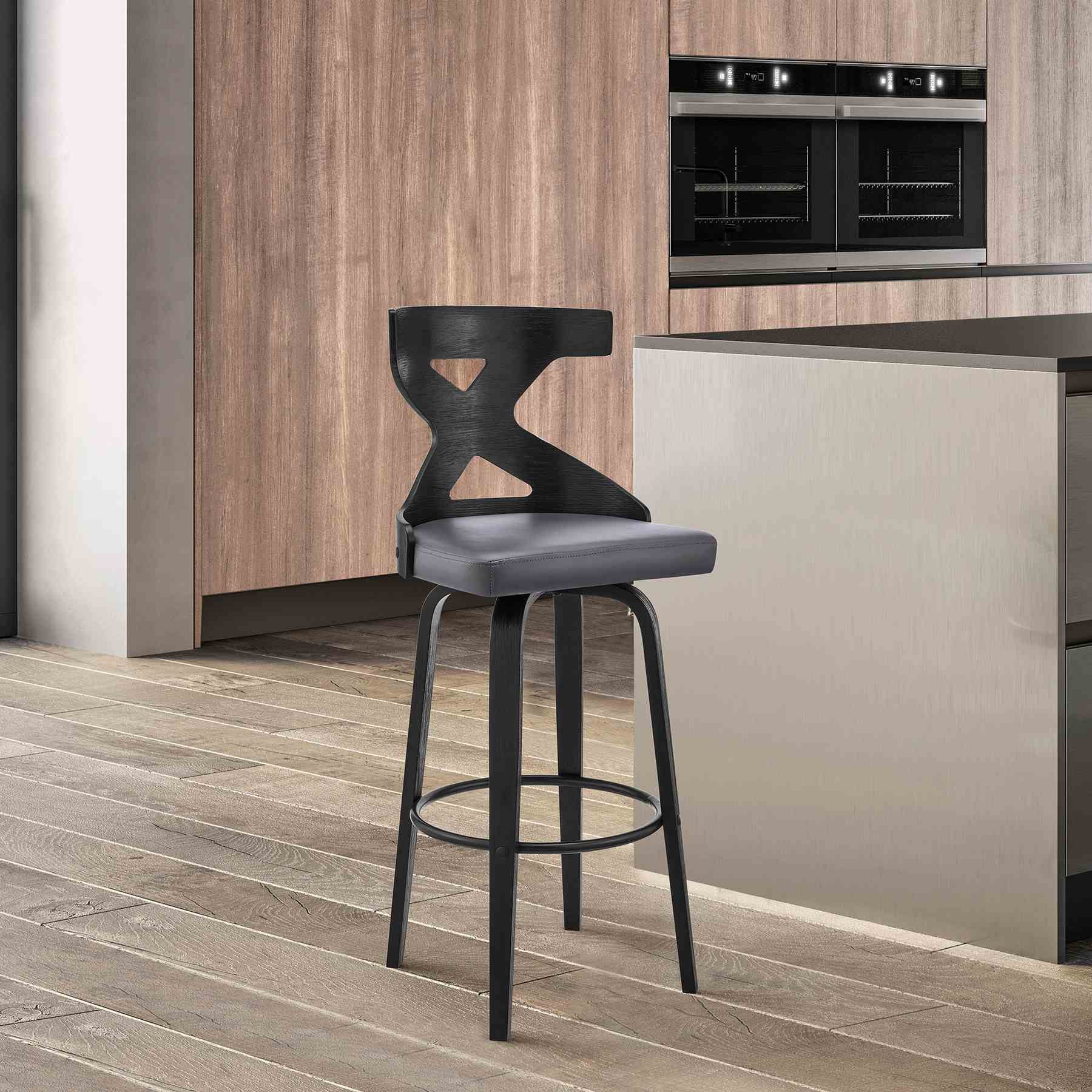 Gayle 26" Swivel Cross Back Gray Faux Leather and Black Wood Bar Stool - Image 10