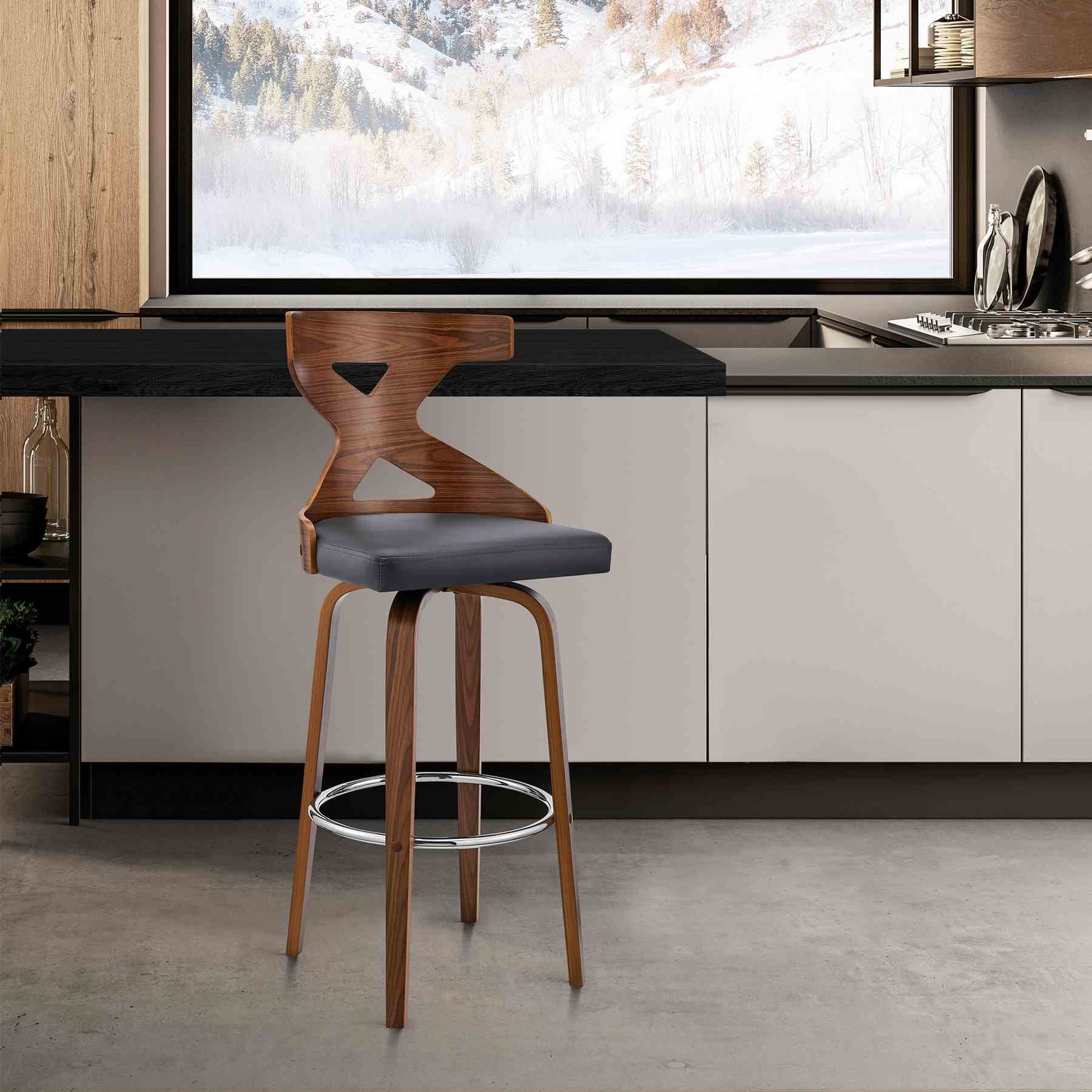 Gayle 26" Swivel Cross Back Gray Faux Leather and Walnut Wood Bar Stool - Image 10
