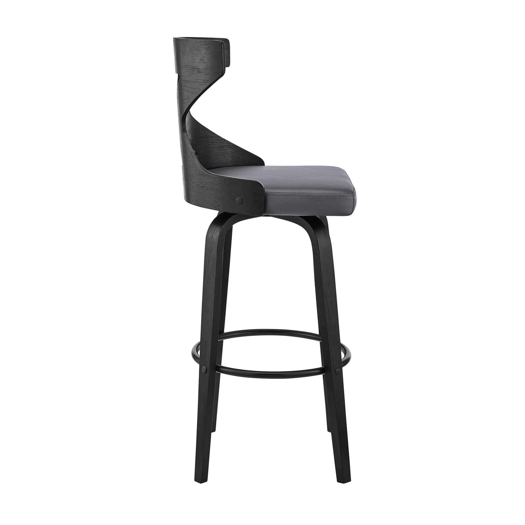 Gayle 30" Swivel Cross Back Gray Faux Leather and Black Wood Bar Stool - Image 3