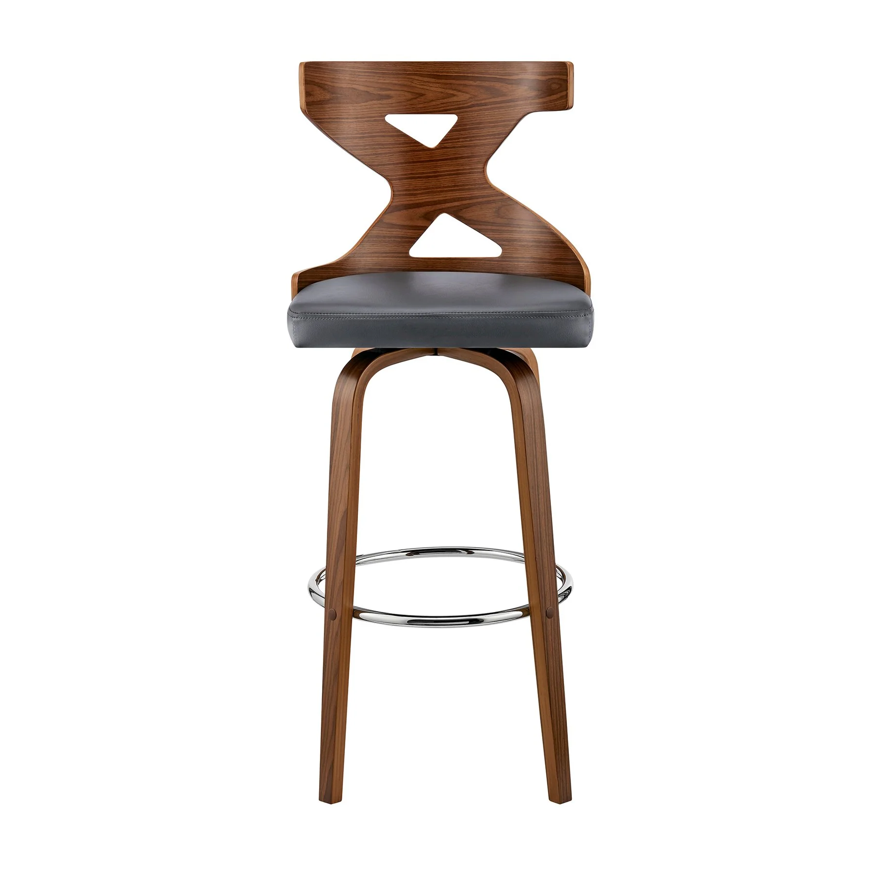 Gayle 30" Swivel Cross Back Gray Faux Leather and Walnut Wood Bar Stool - Image 2