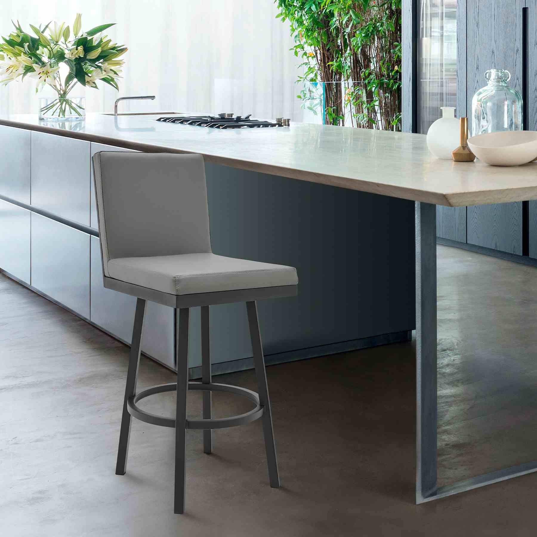 Gem 26" Swivel Modern Black Metal and Gray Faux Leather Bar and Counter Stool - Image 6