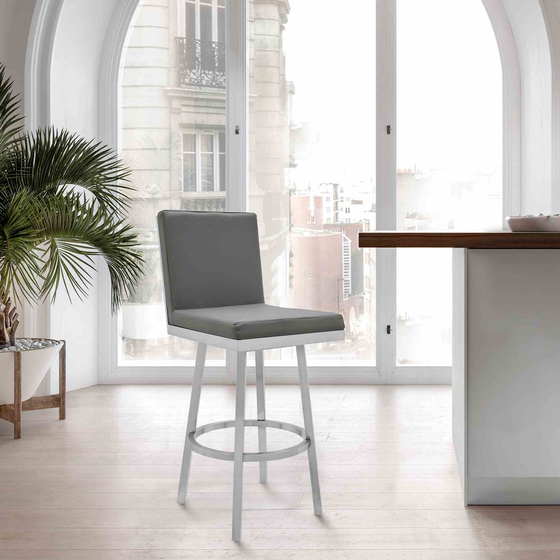 Gem 30" Swivel Modern Metal and Gray Faux Leather Bar and Counter Stool - Image 7