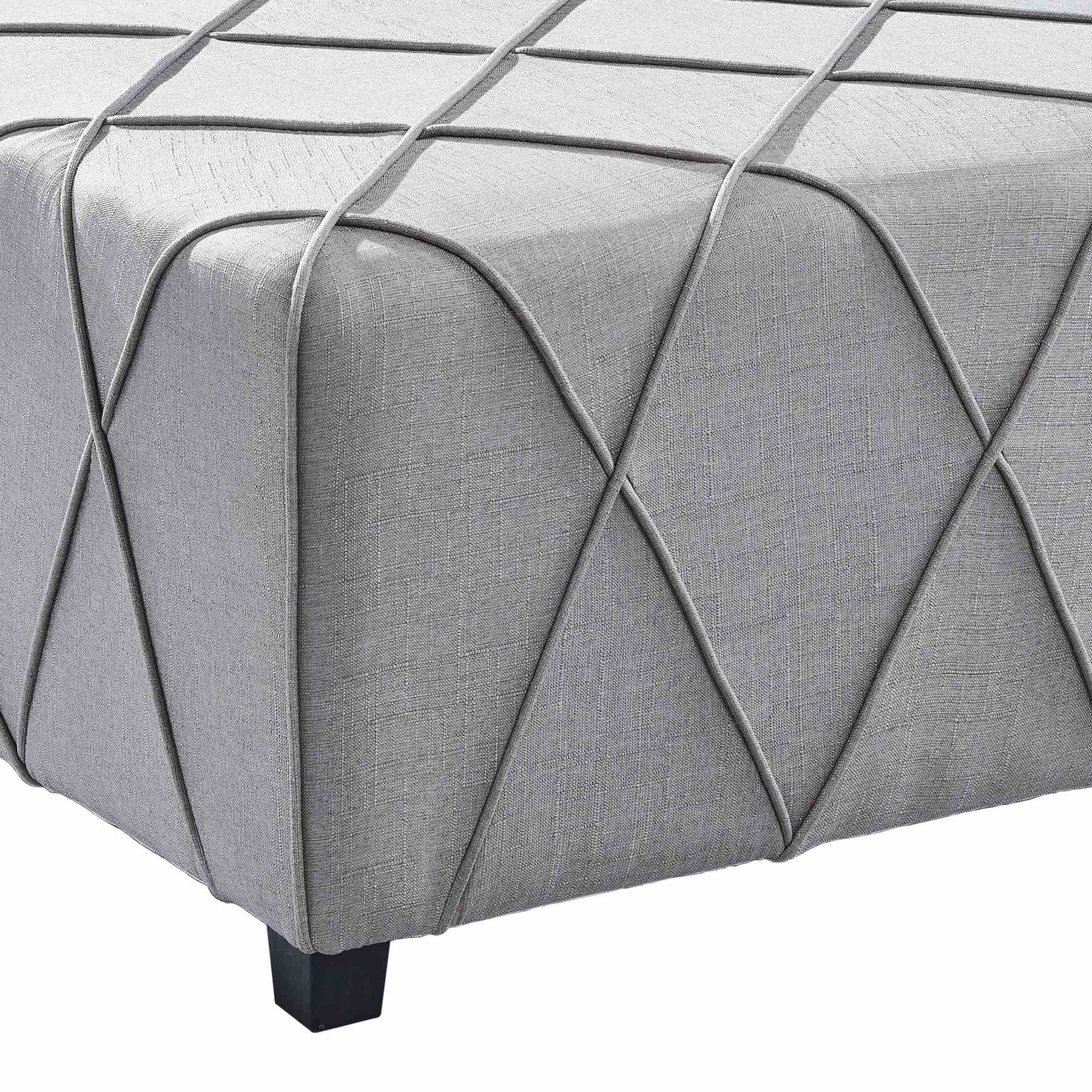 Gemini Contemporary Ottoman in Silver Linen with Piping Accents and Wood Legs - Image 2