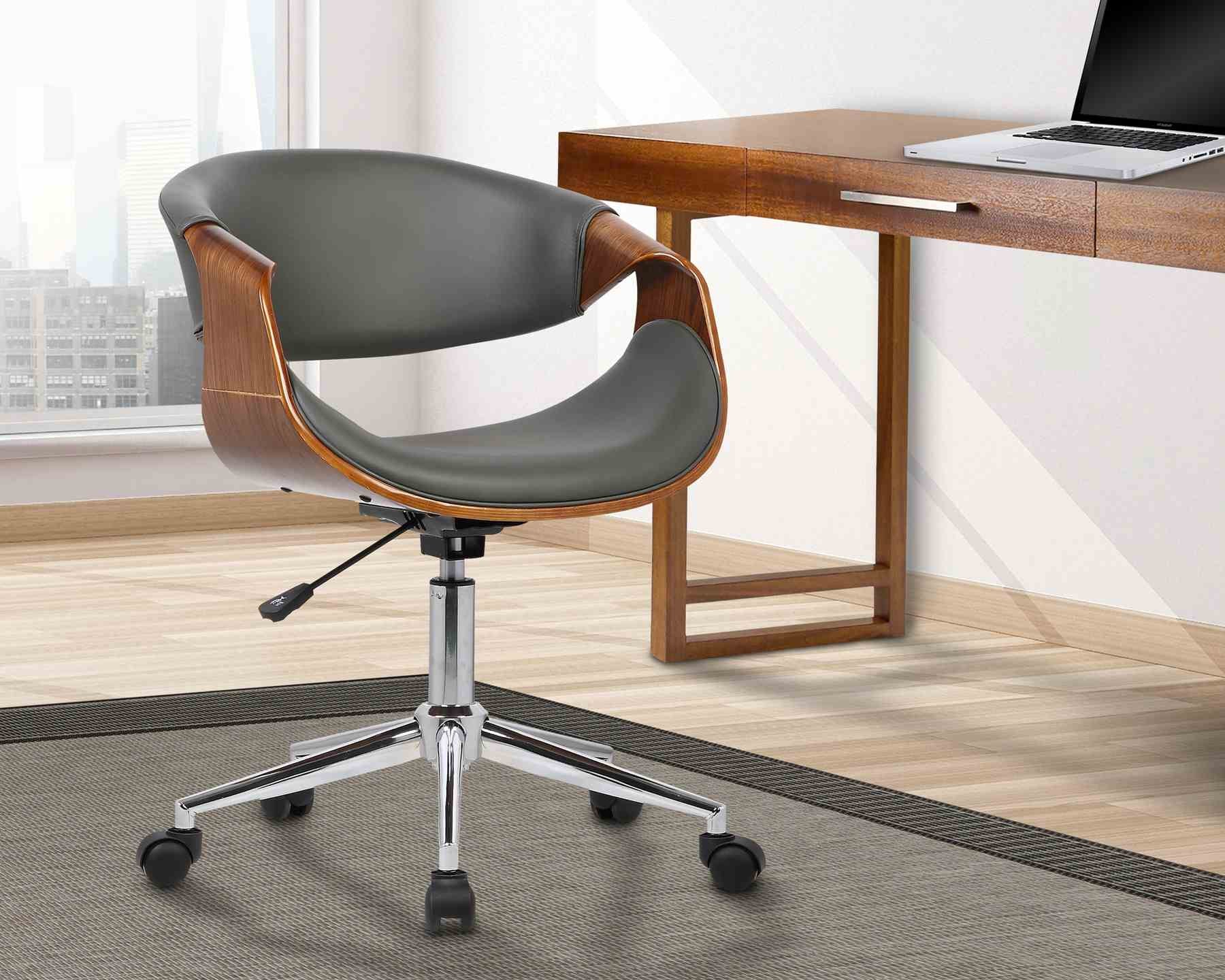 Geneva Mid-Century Office Chair in Chrome finish with Gray Faux Leather and Walnut Veneer Arms - Image 8