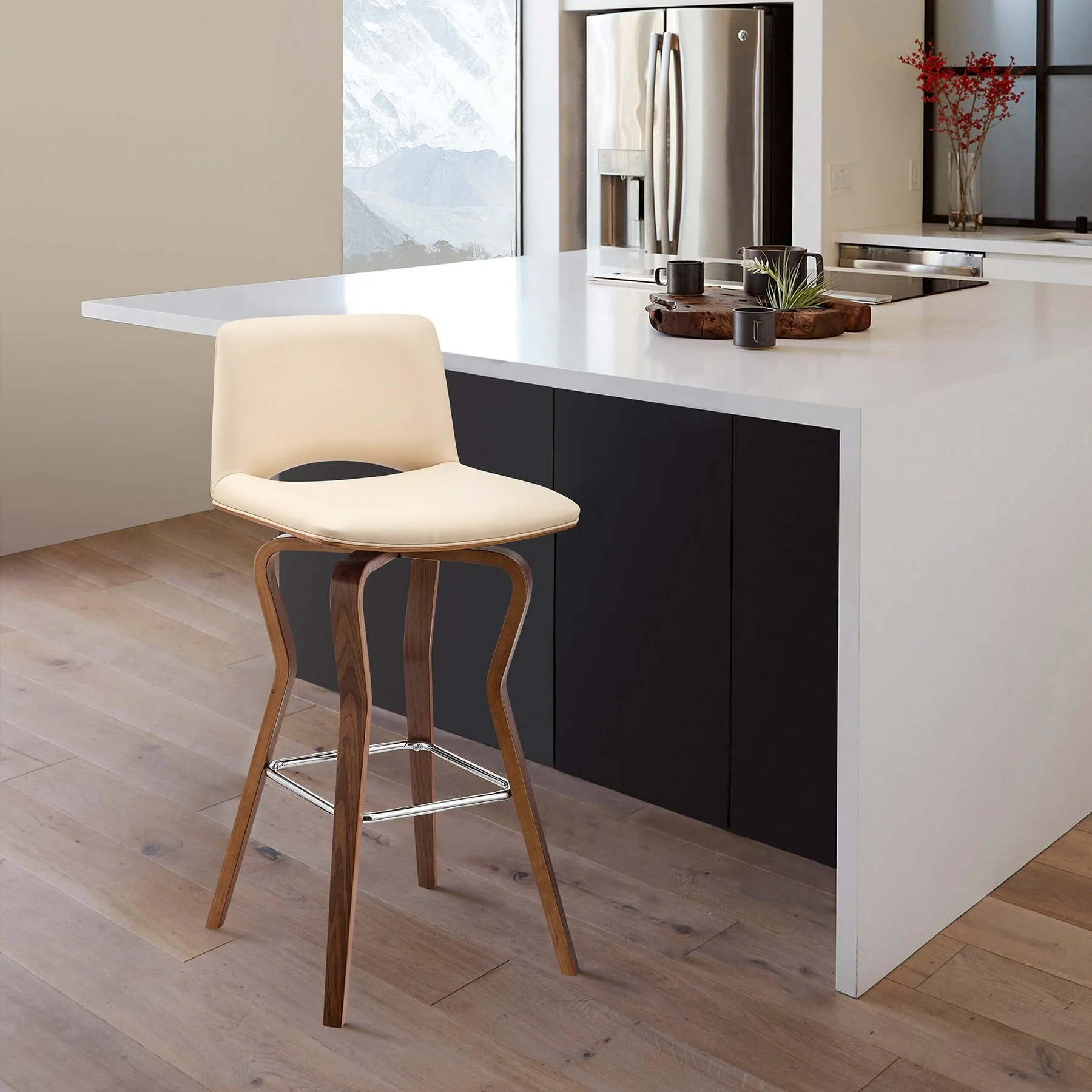 Gerty 30" Swivel Cream Faux Leather and Walnut Wood Bar Stool - Image 10