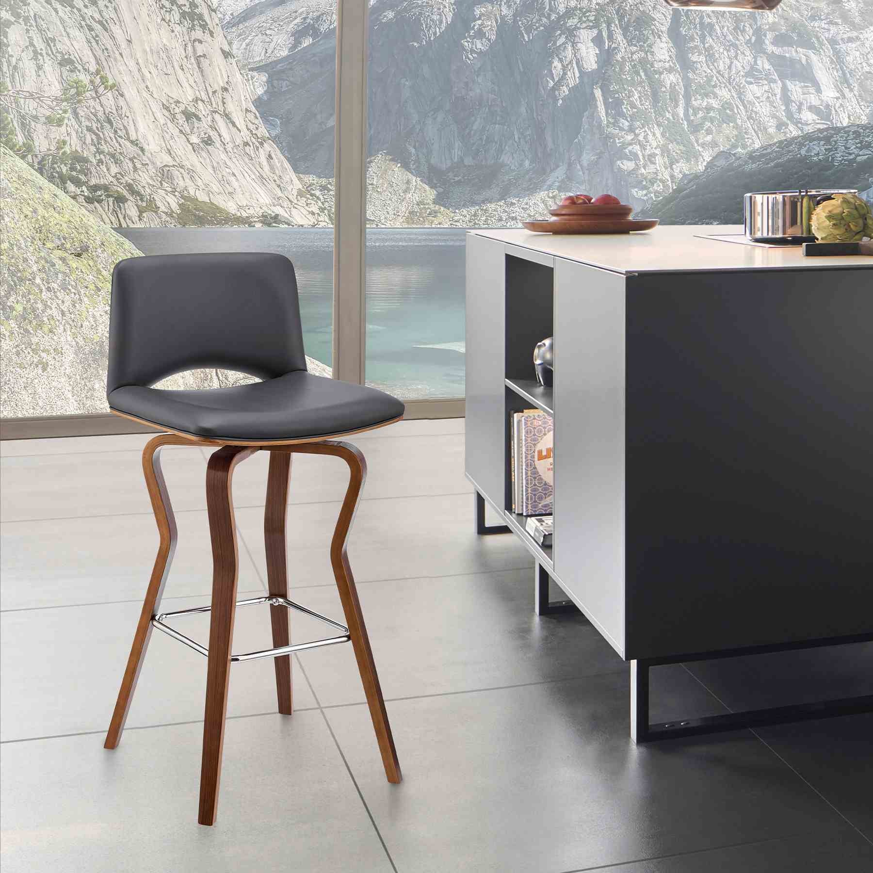 Gerty 30" Swivel Gray Faux Leather and Walnut Wood Bar Stool - Image 10