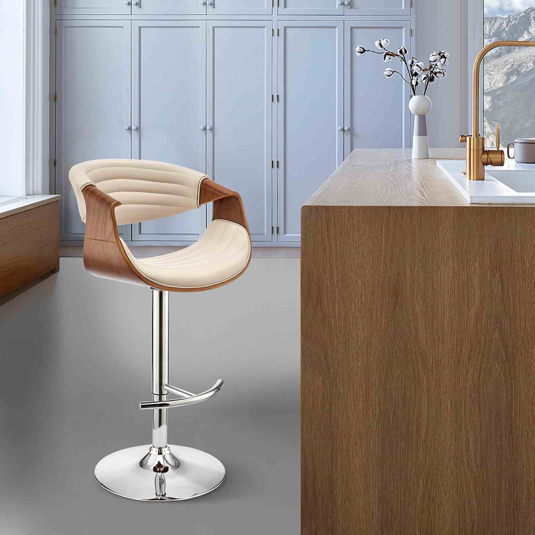 Gionni Adjustable Swivel Cream Faux Leather and Walnut Wood Bar Stool with Chrome Base - Image 10
