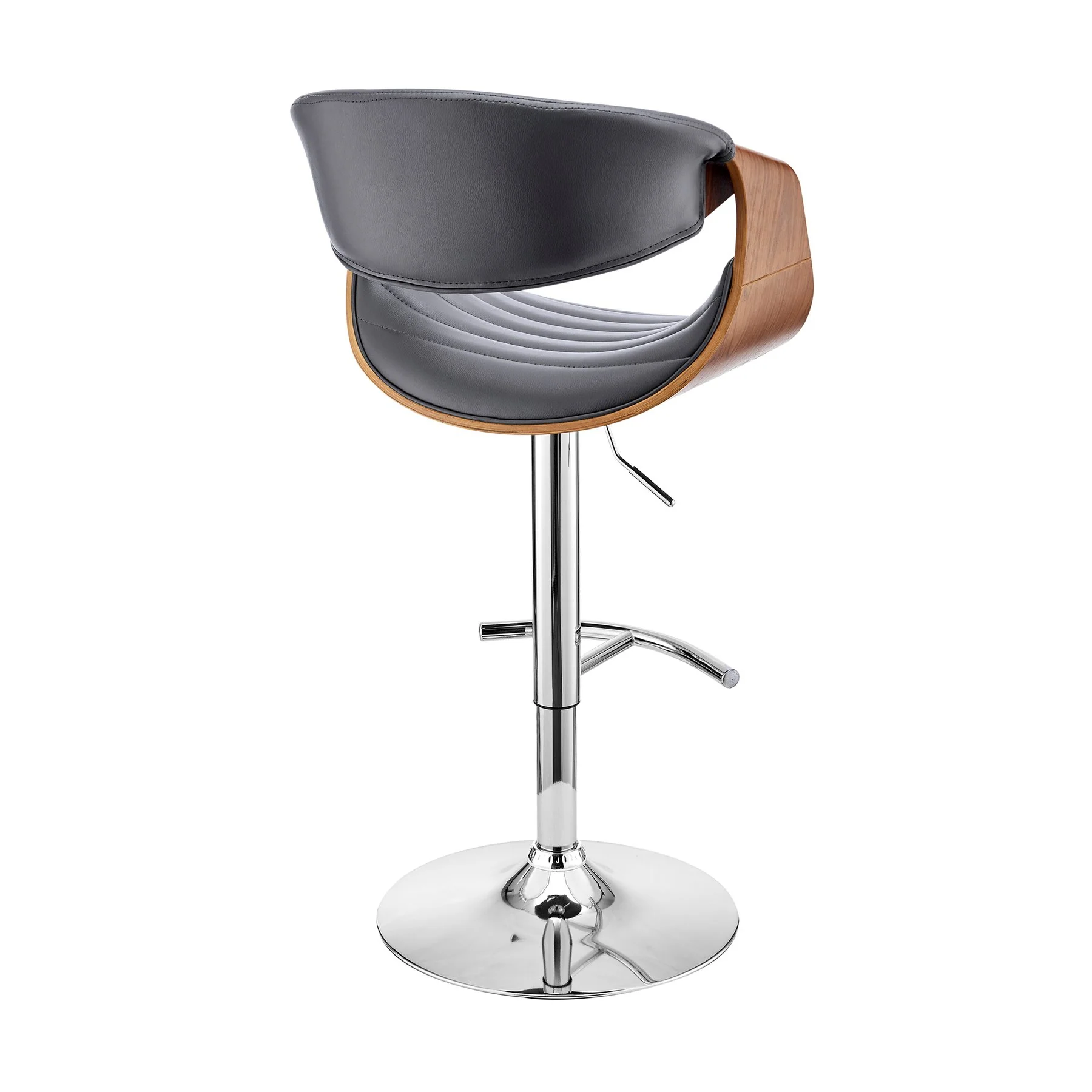 Gionni Adjustable Swivel Gray Faux Leather and Walnut Wood Bar Stool with Chrome Base - Image 4