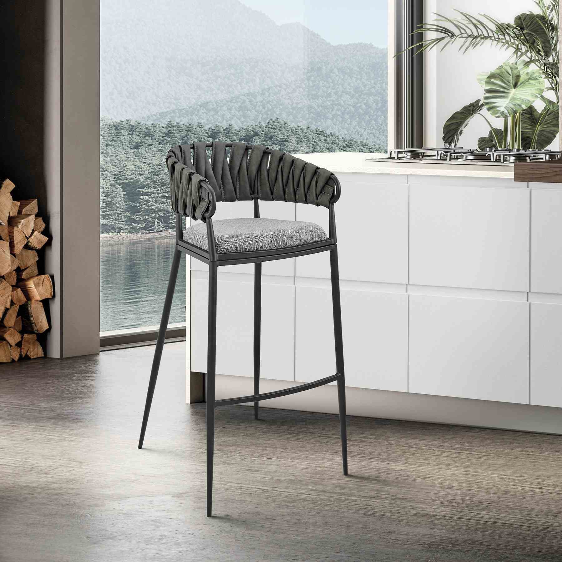 Giovanni 30" Bar Stool in Black Metal with Gray Fabric and Faux Leather - Image 10