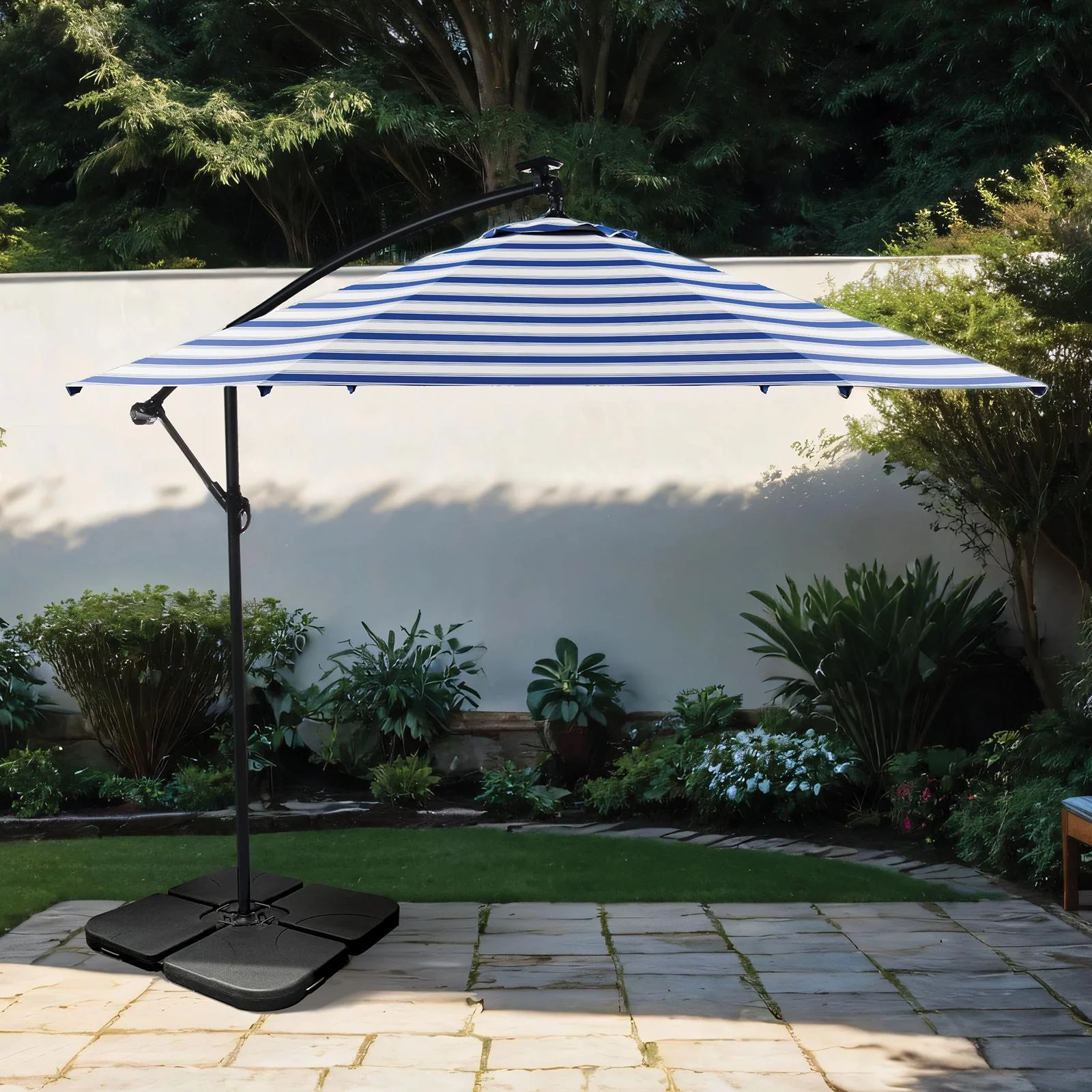 Glam Cantilever Umbrella W/Led+Base, Blue/White - Image 3
