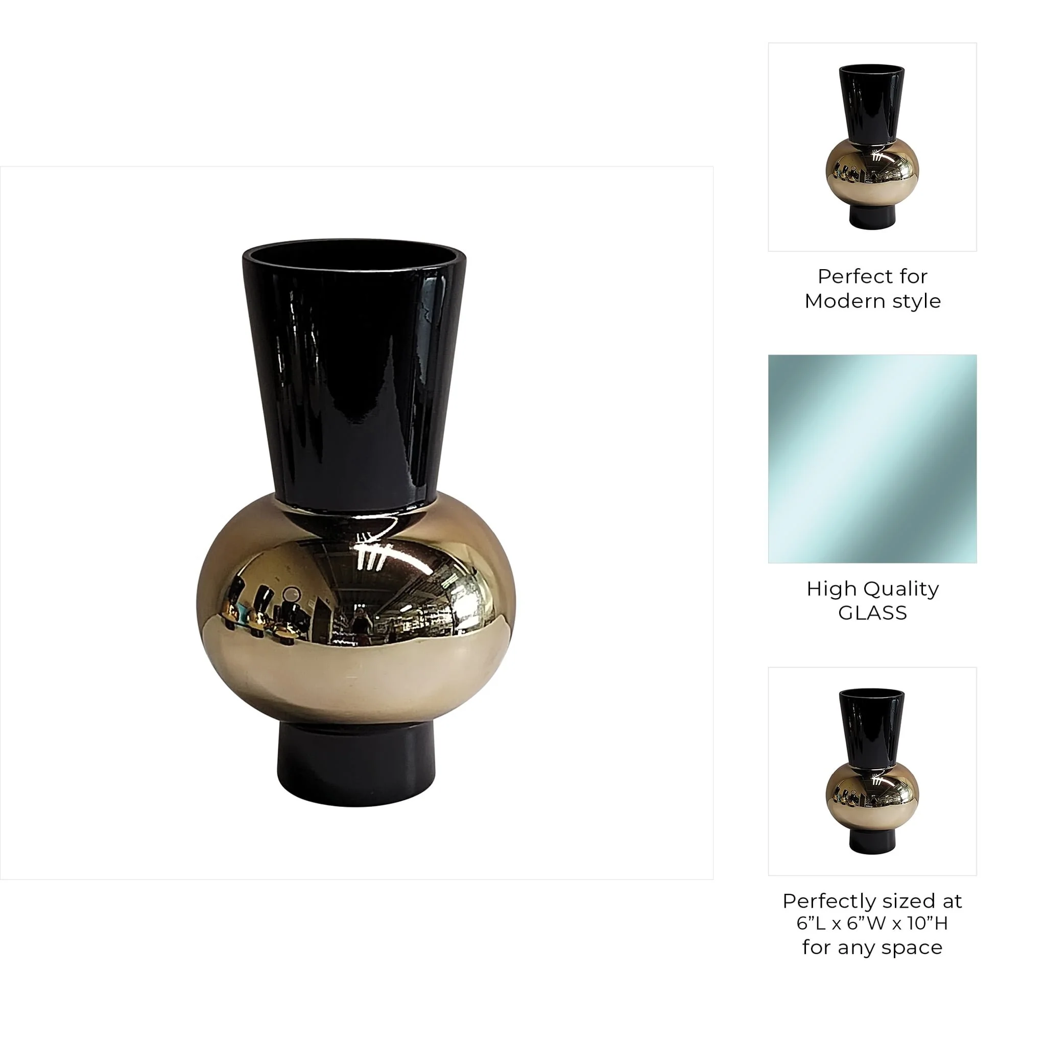 Glass, 10" Totem Vase, Black/gold - Image 3