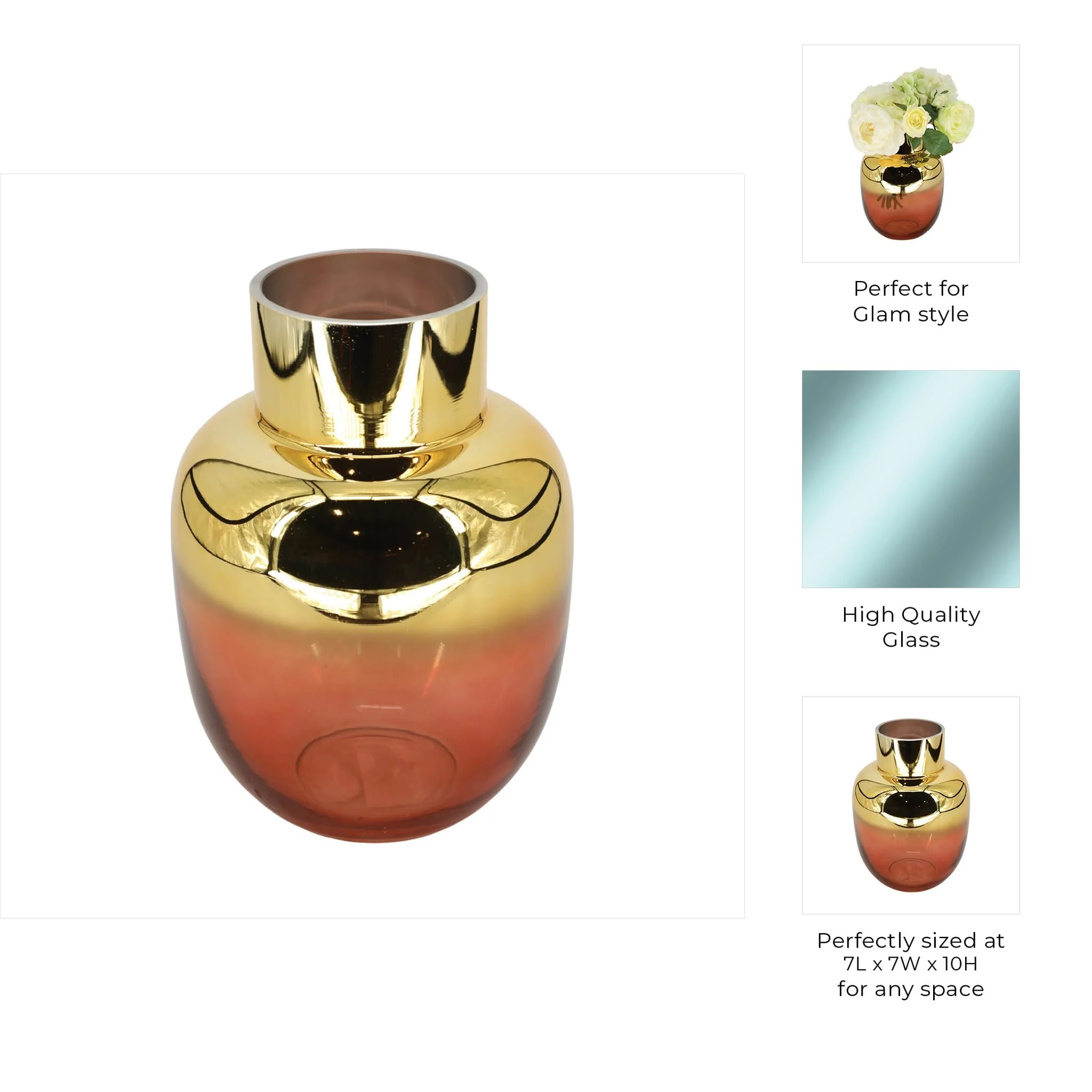 Glass 10"h Metallic Vase, Pink/gold - Image 7
